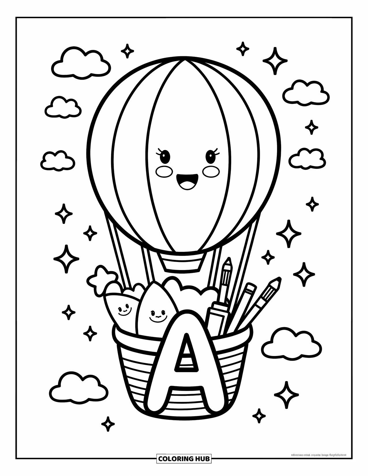 Coloriage de la lettre A pour adultes : La lettre A flotte sous un ballon avec des coussins, des outils d'art et des étoiles souriantes dans le panier
