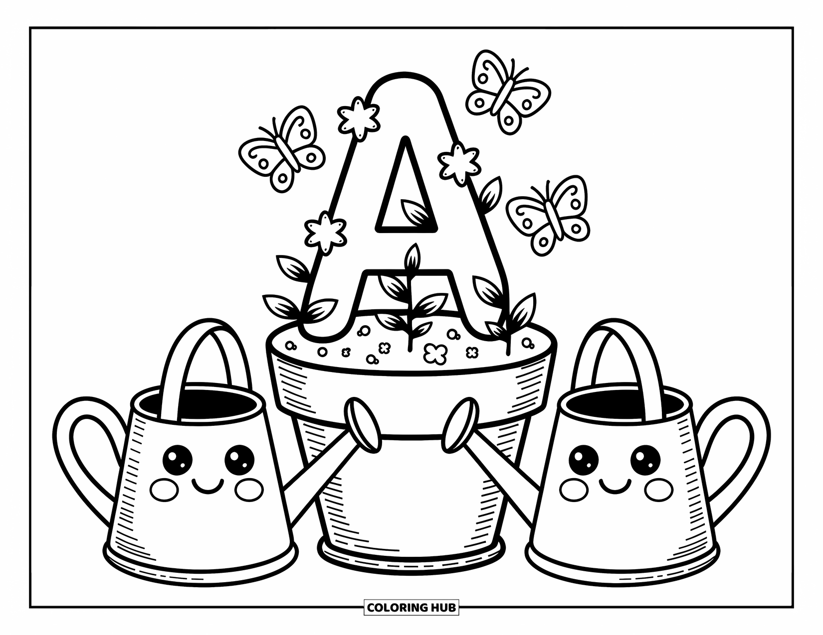 Coloriage de la lettre A pour adultes : La lettre A pousse dans un pot de fleurs avec des fleurs, des papillons et des arrosoirs ludiques à proximité