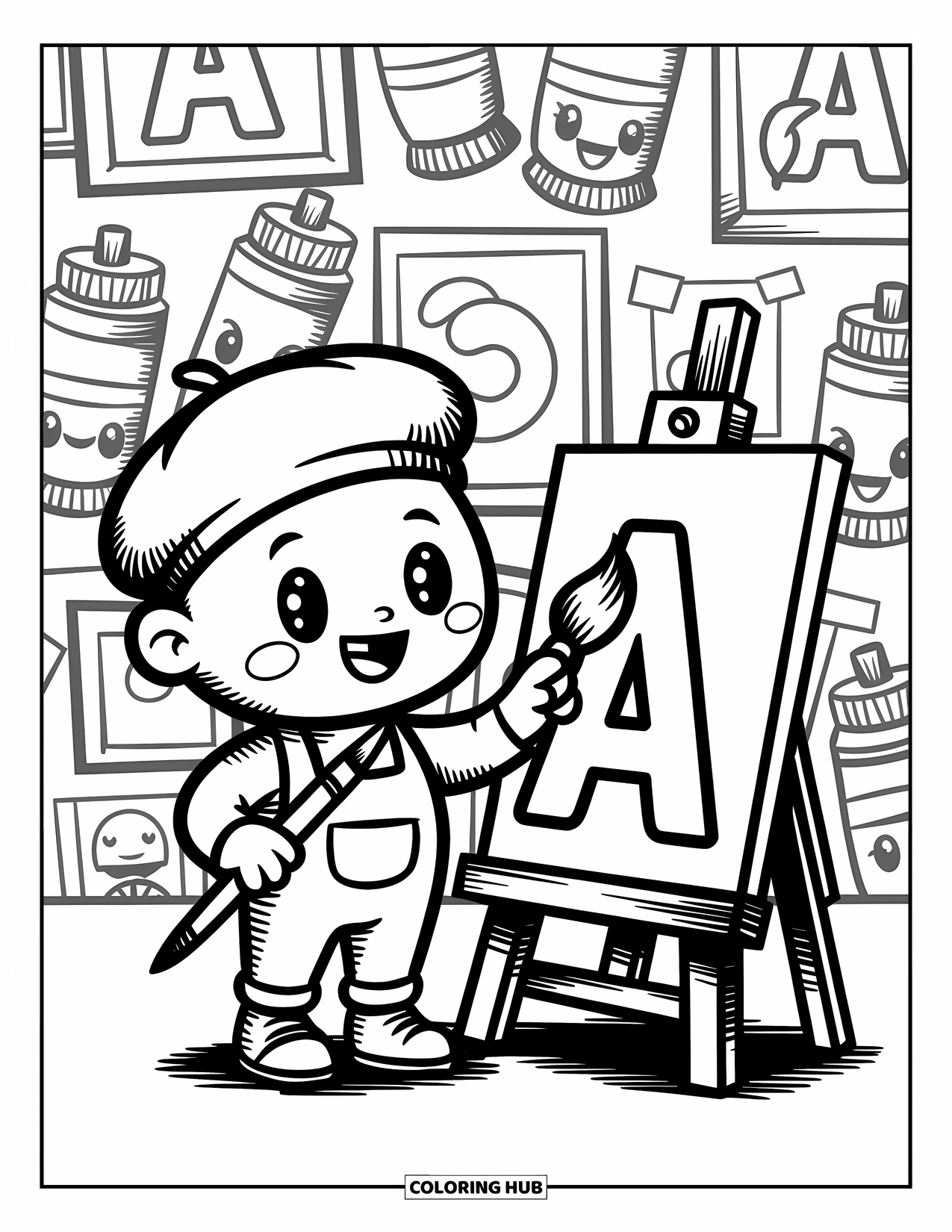 Coloriage de la lettre A pour adultes : La lettre A peint une autre lettre, entourée de tubes de peinture souriants et de minuscules œuvres d'art encadrées