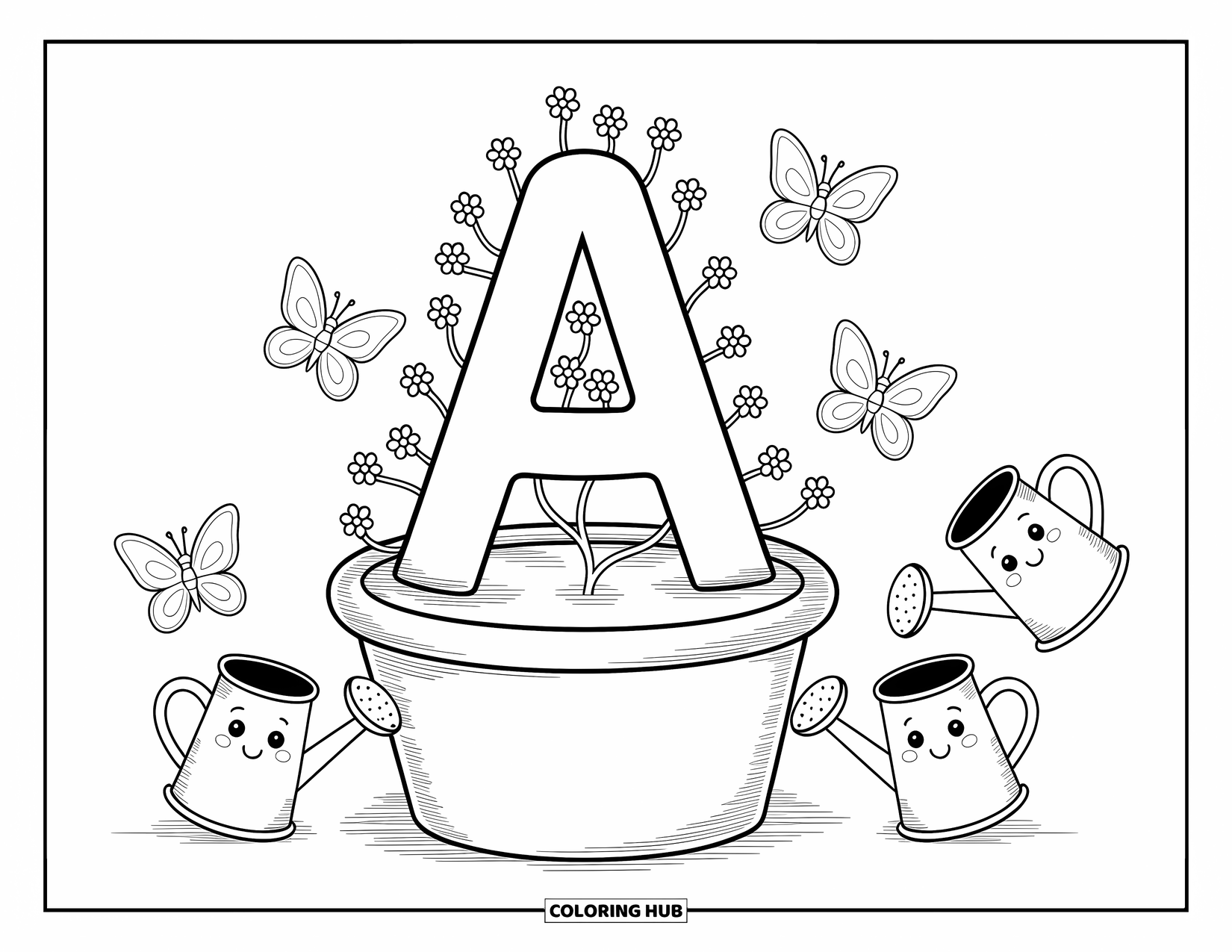 Coloriage Lettre A pour adultes : La lettre A jaillit d'un pot de fleurs avec des papillons et des arrosoirs souriants autour d'elle
