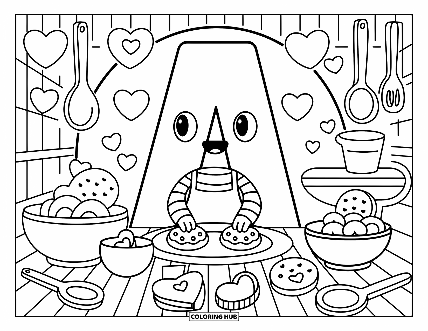 Coloriage Lettre A pour adultes : La lettre A se dresse dans une petite cuisine en train de cuire des biscuits avec des ustensiles joyeux tout autour