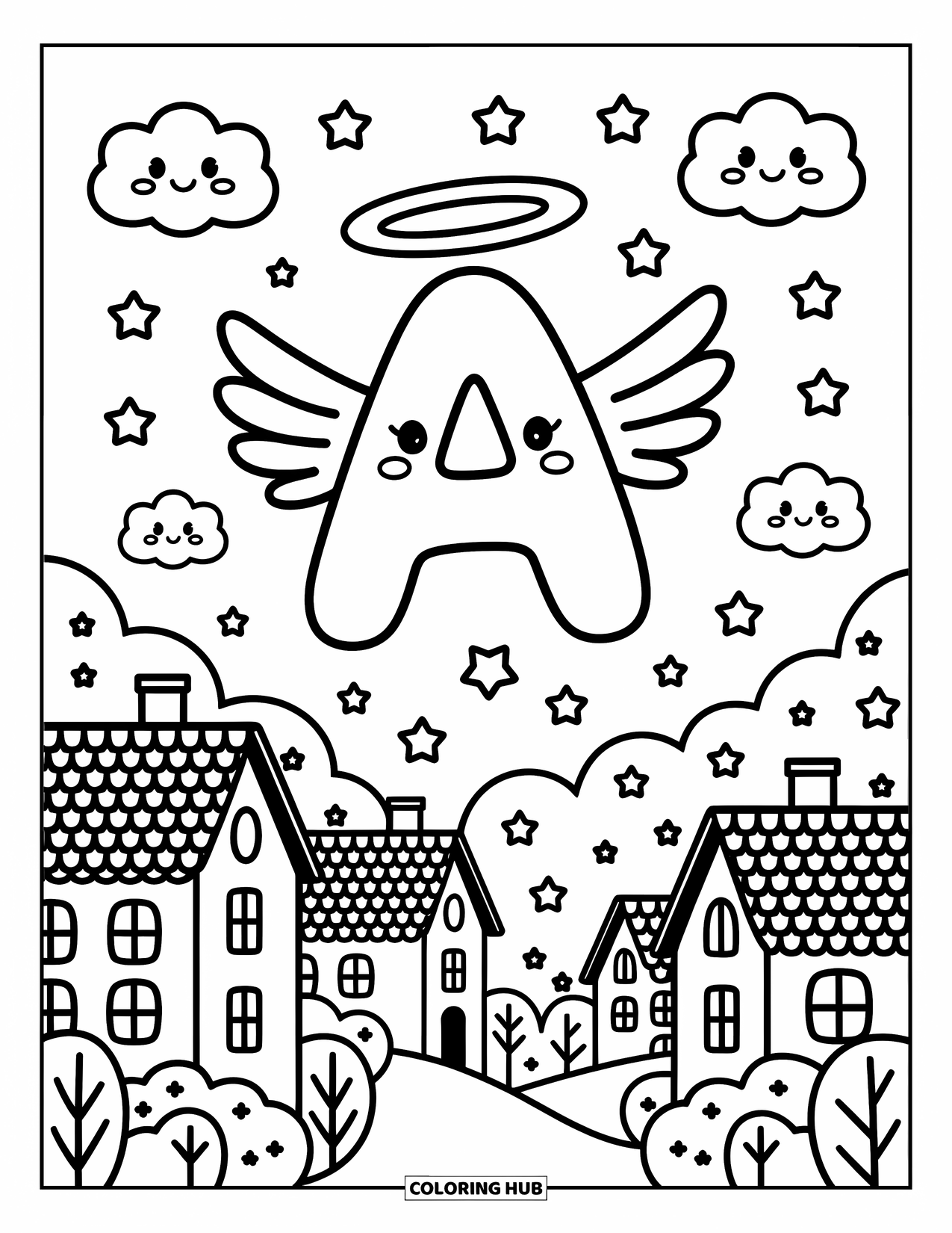 Coloriage de la lettre A pour adultes : La lettre A avec des ailes et une auréole s'élève doucement au-dessus de minuscules maisons et de nuages souriants