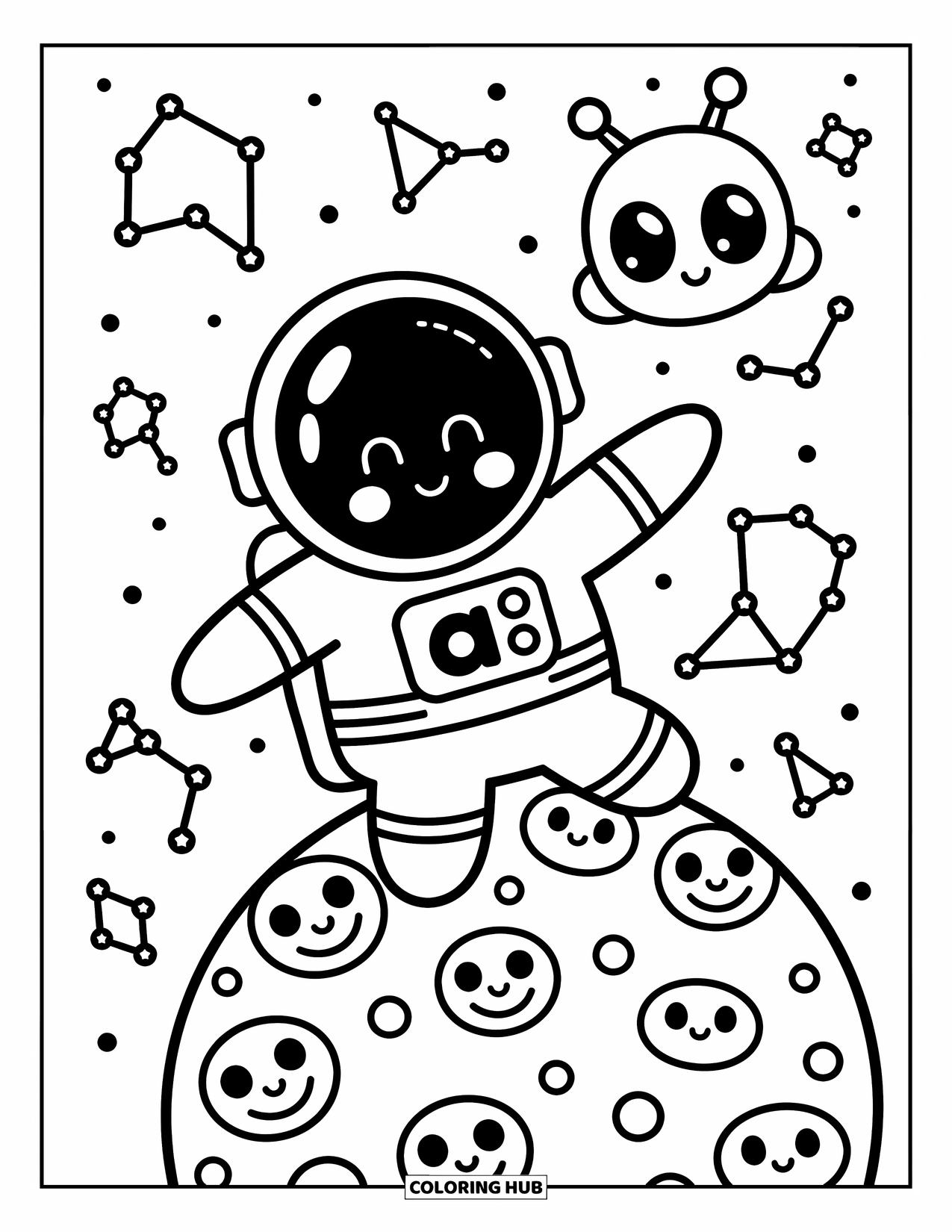 Coloriage de la lettre A pour adultes : Un astronaute a minuscule erre sur une planète mignonne avec un extraterrestre amical et des étoiles en forme de A