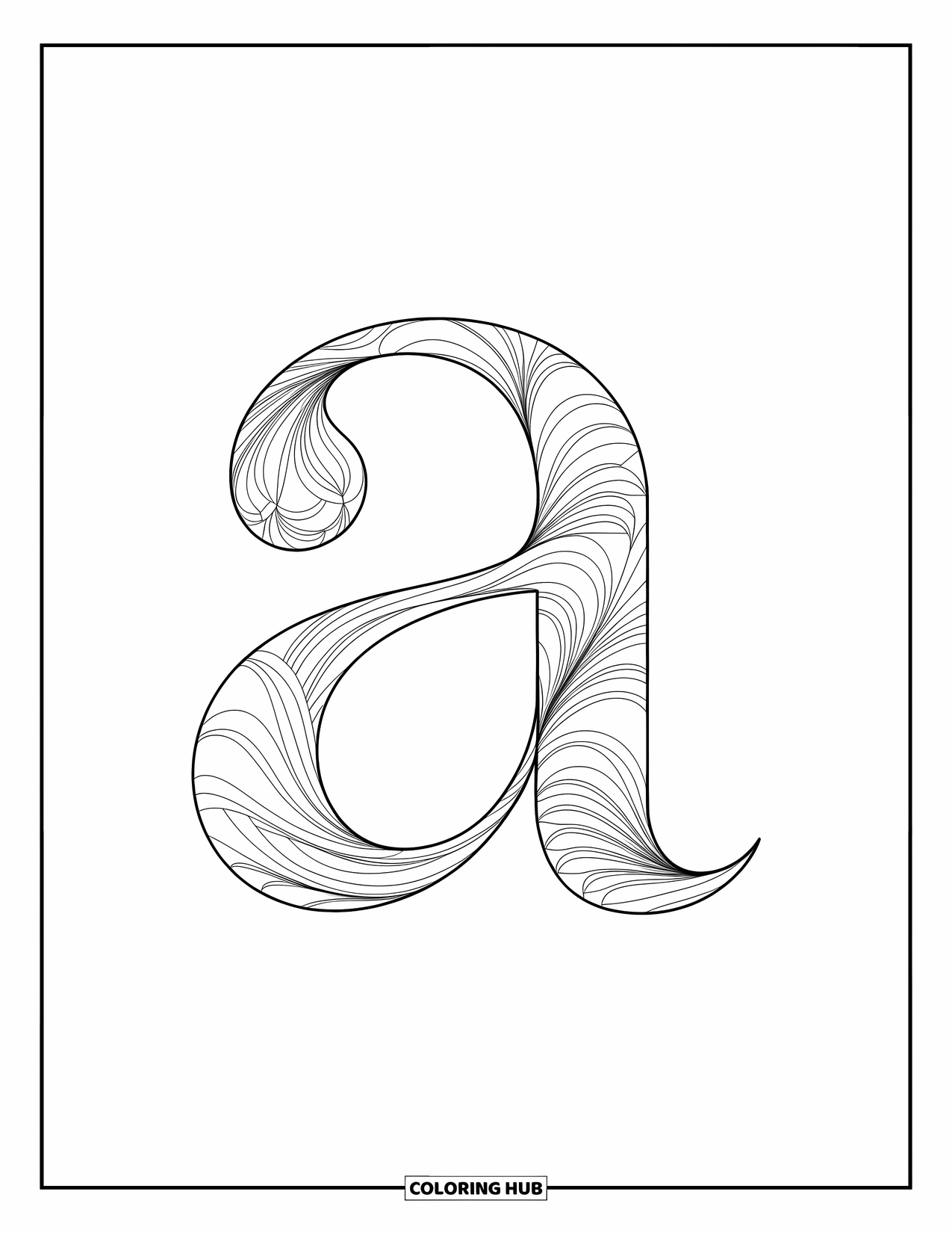 Coloriage de la lettre A pour adultes : Un a minuscule fait de vignes et de boucles avec des motifs complexes et fluides