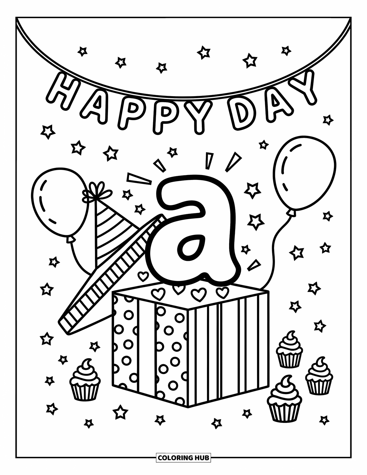 Coloriage Lettre A pour adultes : Un a minuscule sort d'une boîte cadeau avec des ballons, des cupcakes et une bannière « Bonne journée »