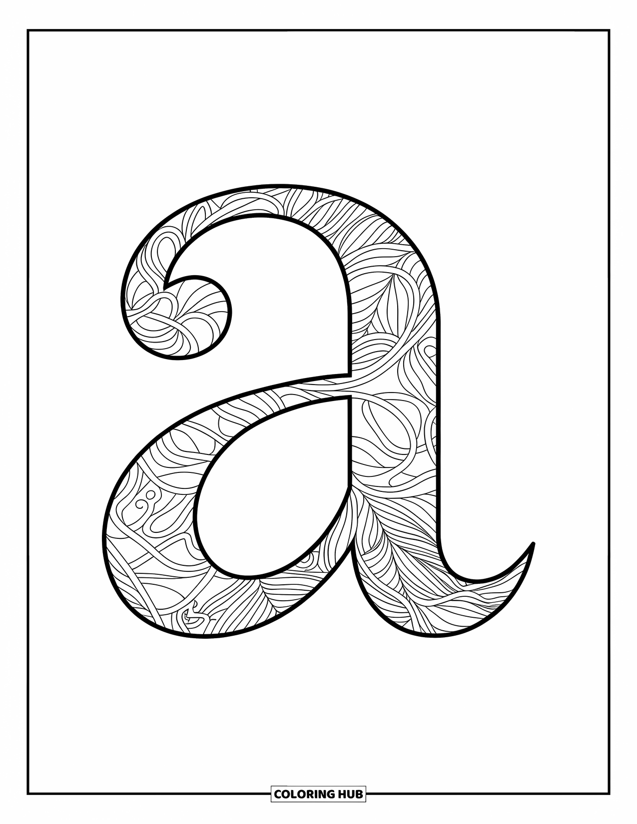 Coloriage de la lettre A pour adultes : Un a minuscule avec des vignes bouclées et des formes abstraites dans un design élégant et fluide