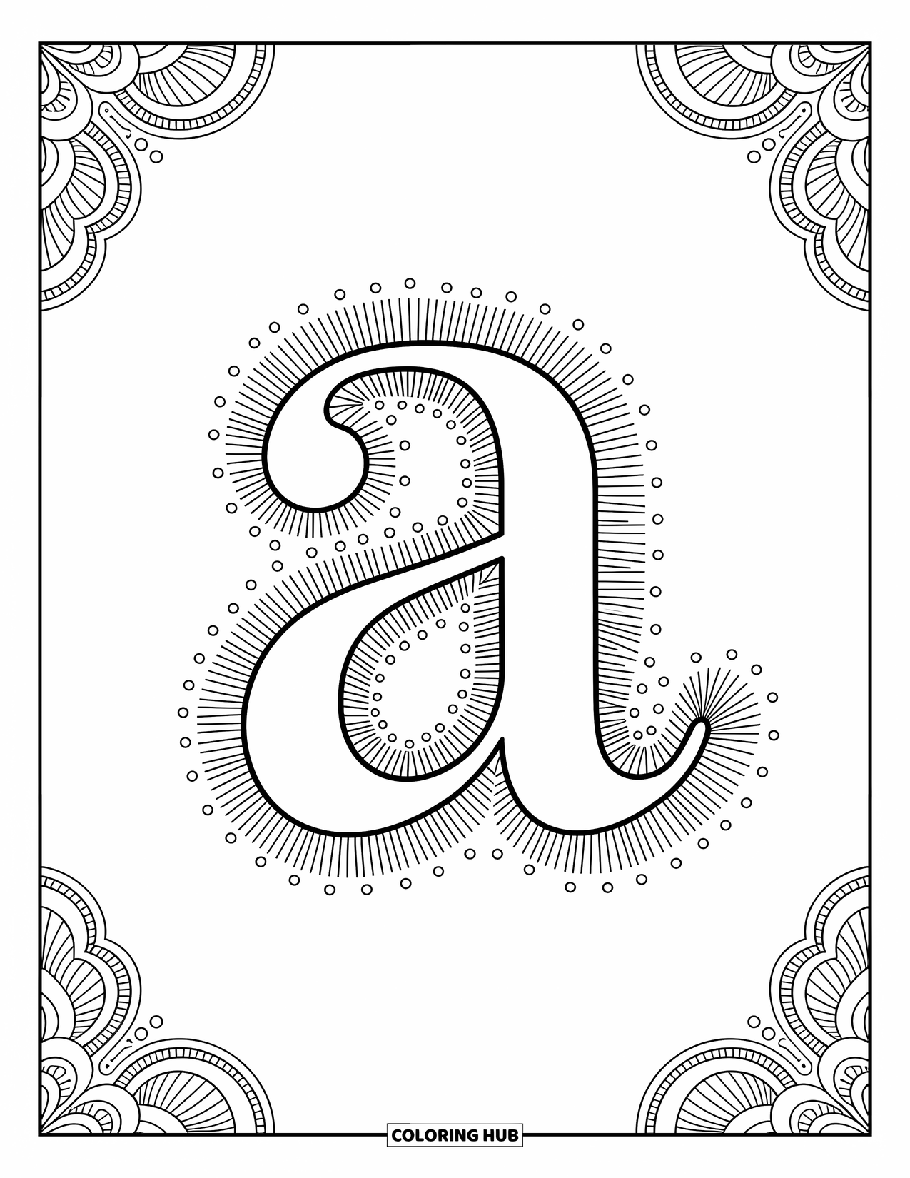 Coloriage de la lettre A pour adultes : Un a minuscule avec des spirales et des points dans un motif apaisant de style zentangle