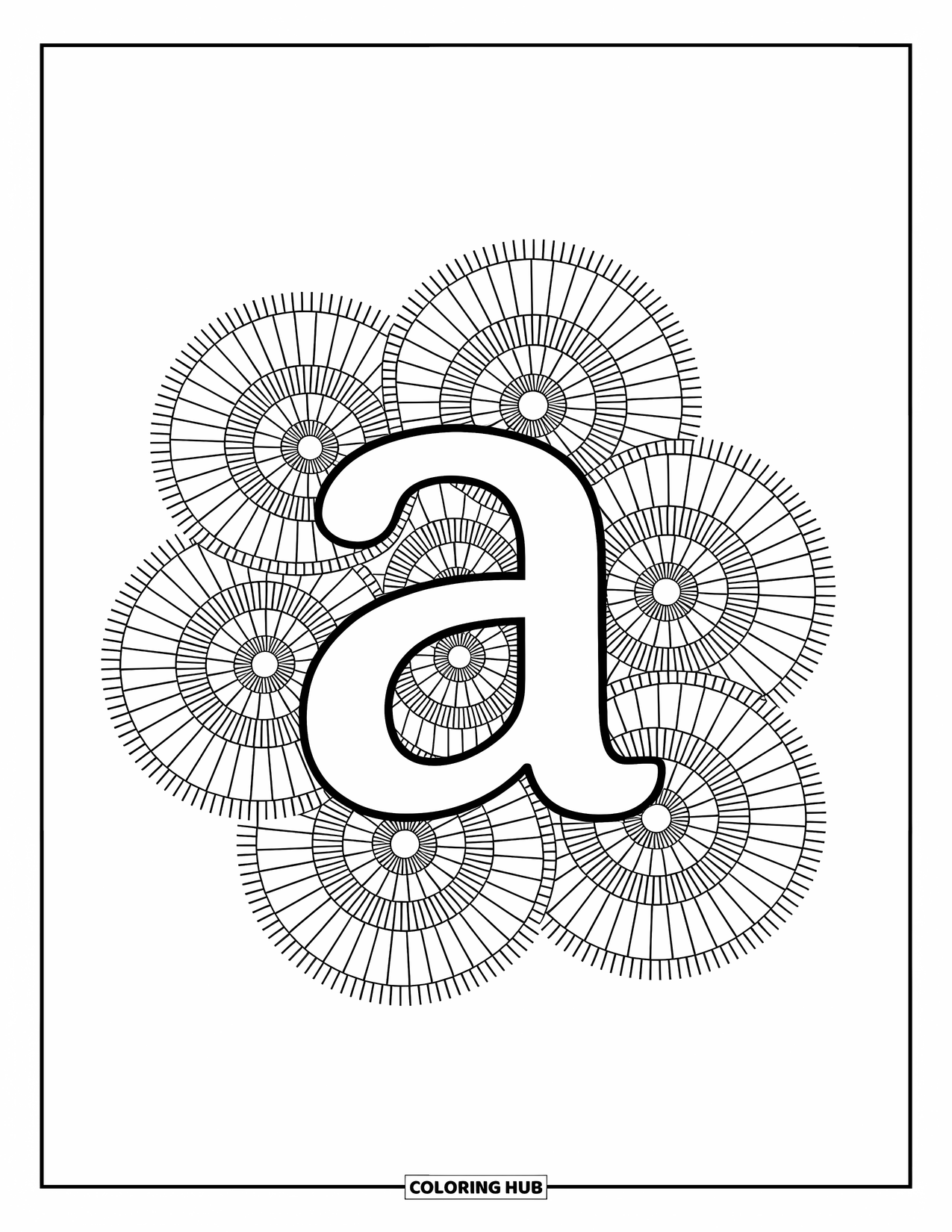 Coloriage de la lettre A pour adultes : Un a minuscule avec des motifs zentangle tourbillonnants et des motifs de fond délicats