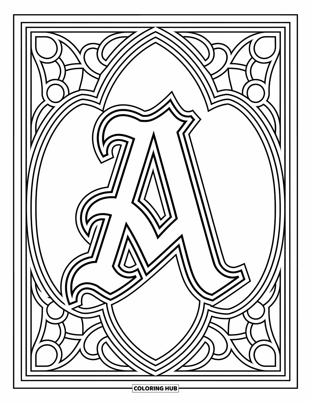 Coloriage de la lettre A pour adultes : Un A majestueux encadré par des pièces de vitrail et des motifs doux et élégants tout autour
