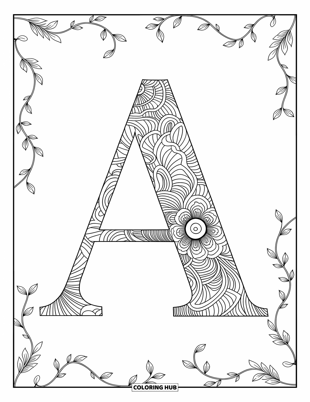 Coloriage de la lettre A pour adultes : Des pétales et des vignes tourbillonnantes dansent sur une lettre A ornée