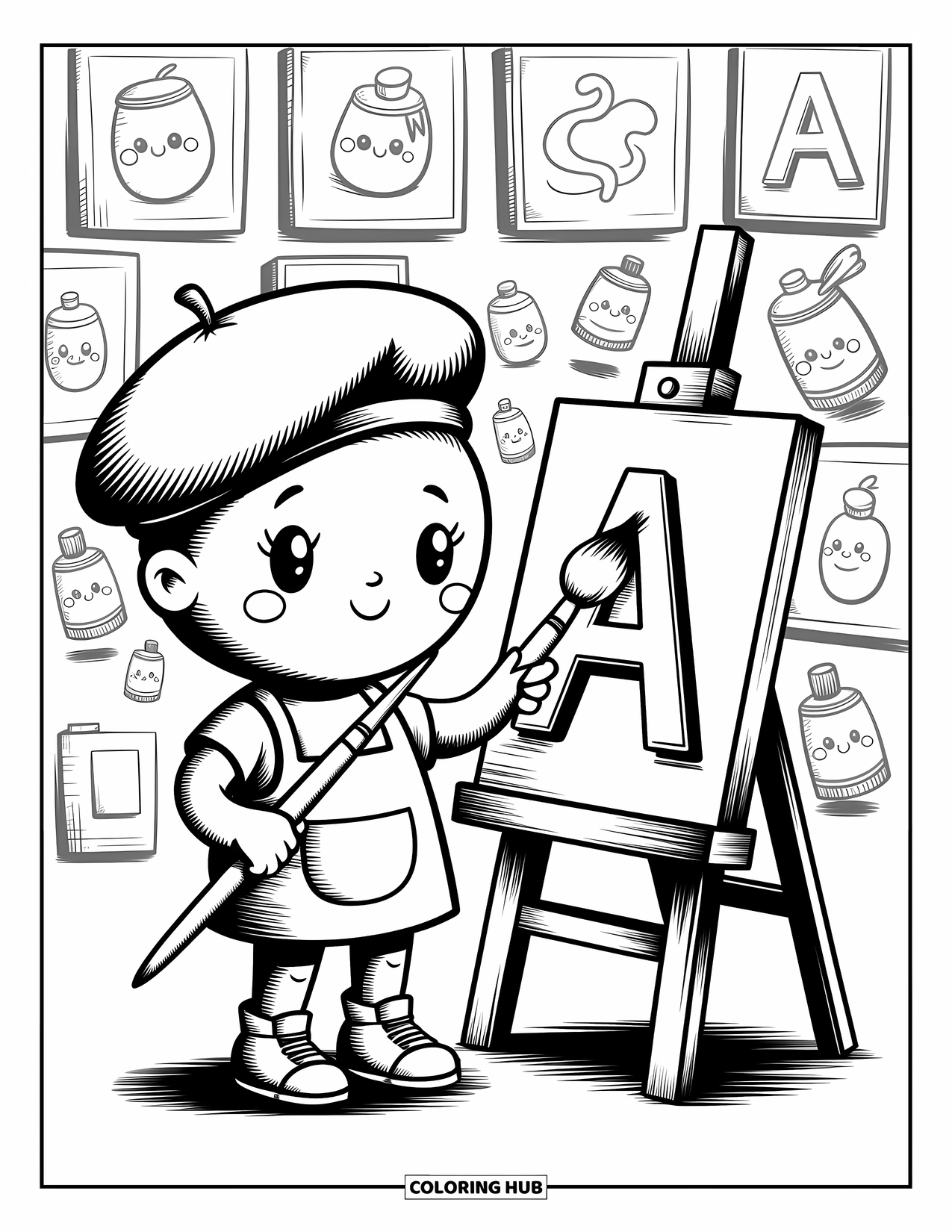 Coloriage de la lettre A pour adultes : Une petite artiste A peint joyeusement avec des tubes de peinture joyeux et un mur d'art griffonné