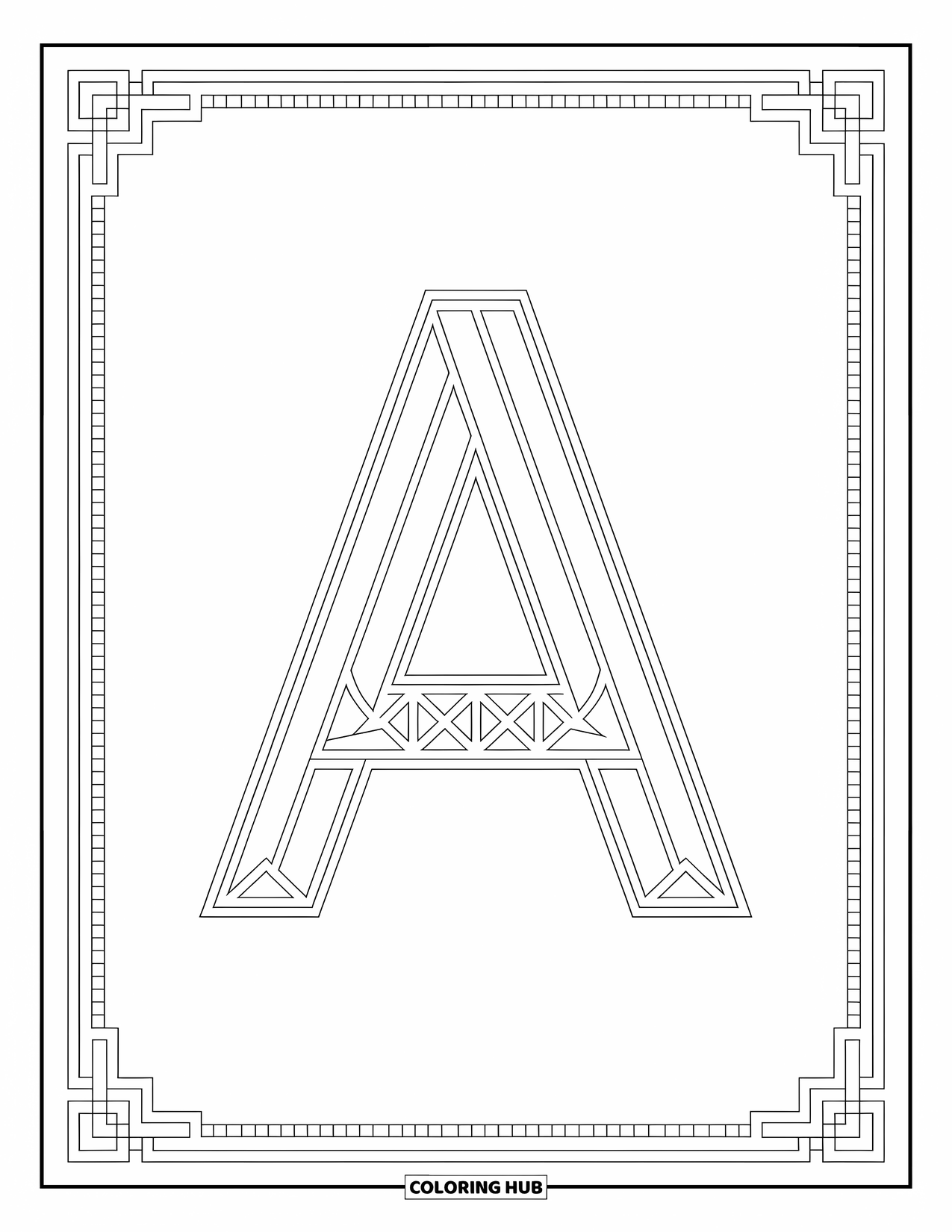 Coloriage de la lettre A pour adultes : Un A majuscule intégré dans une mise en page de style plan avec des lignes nettes et des détails fins