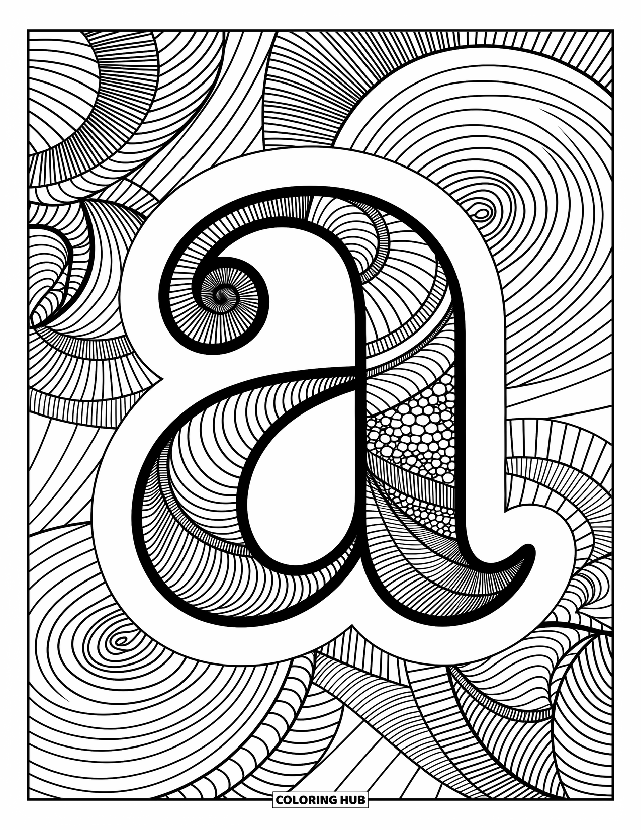Coloriage de la lettre A pour adultes : Un a zentangle entouré de tourbillons et de points, rempli de détails relaxants aux traits fins
