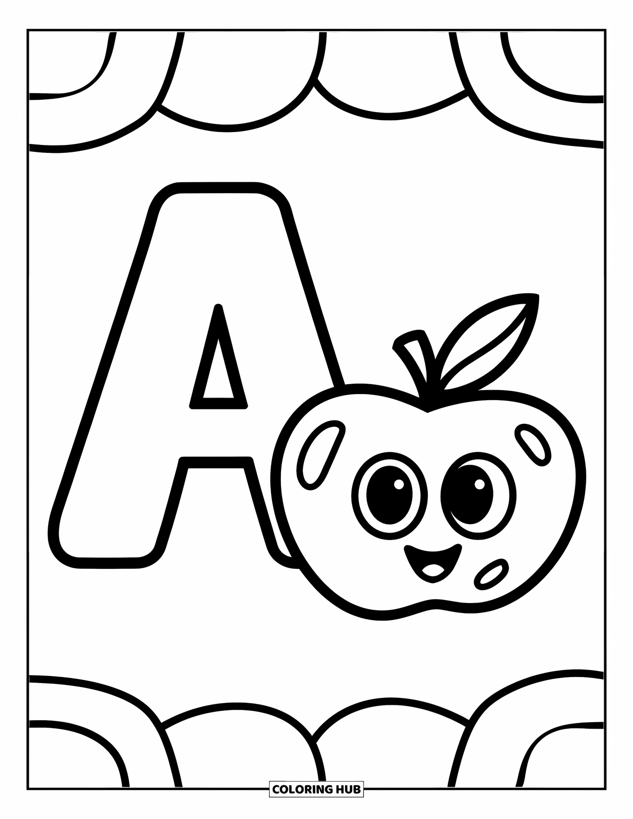 Coloriage Lettre A pour enfants : Un A et une pomme heureuse partagent l'espace avec de grandes courbes amicales