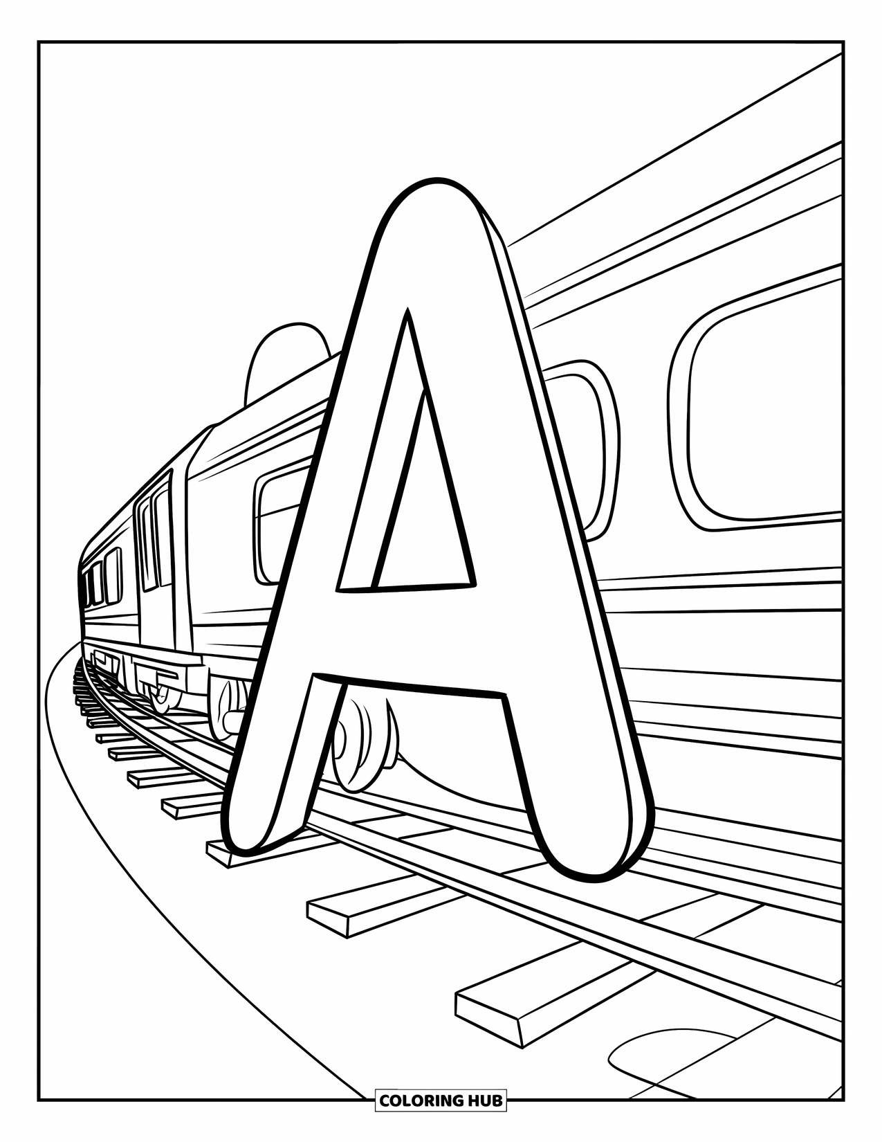 Coloriage Lettre A pour enfants : Un A et un a reposent sur une voie ferrée en mouvement alors qu'un train passe au loin