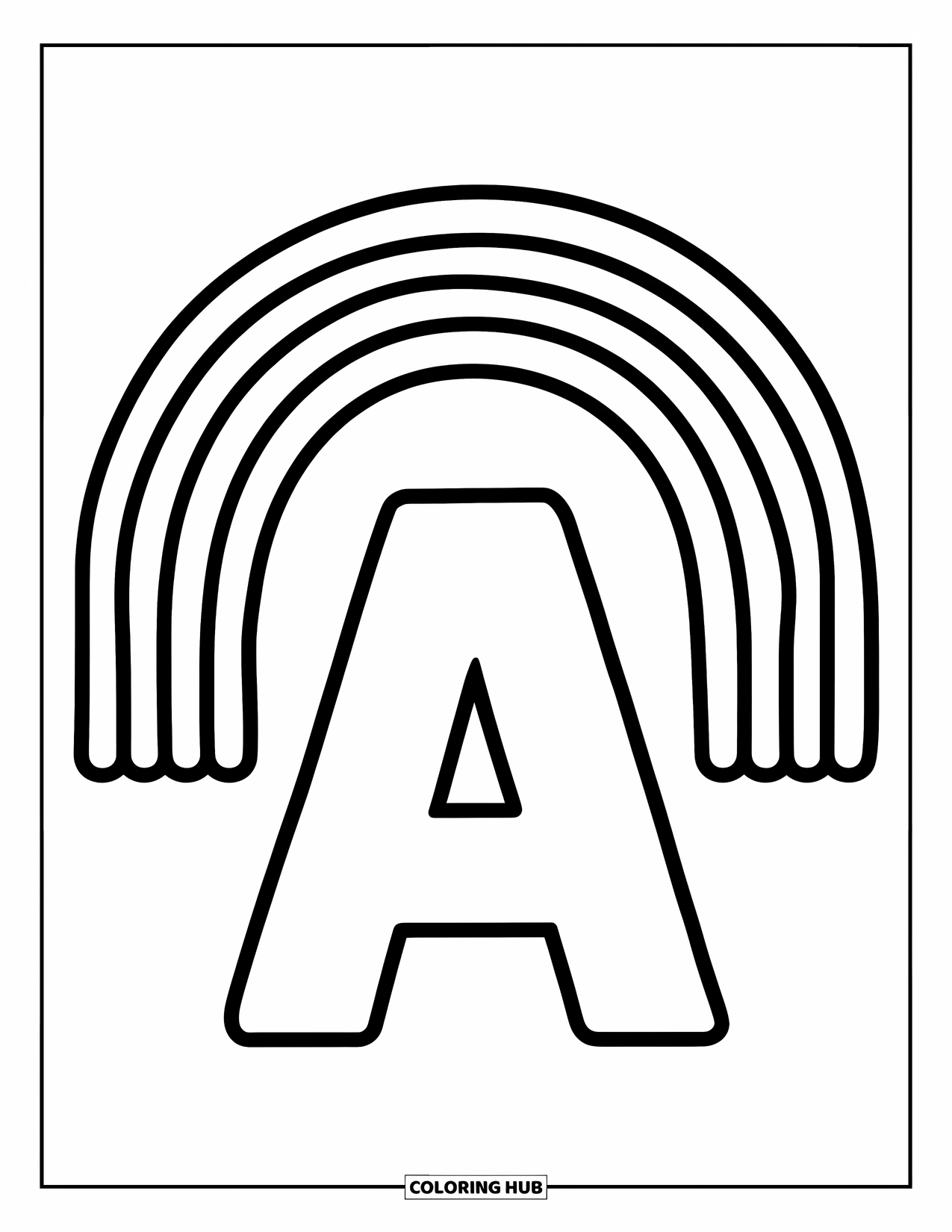 Coloriage Lettre A pour enfants : Un A et un a sont assis sous une arche d'arc-en-ciel s'étendant haut au-dessus d'eux