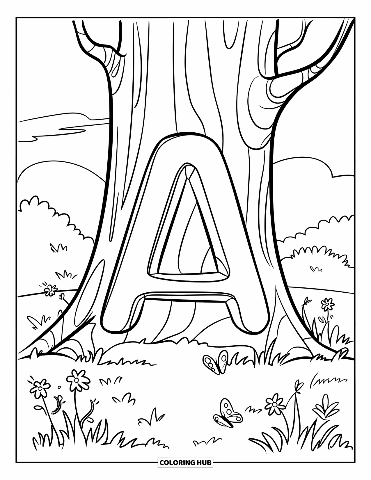 Coloriage Lettre A pour enfants : Un grand A est sculpté dans un tronc d'arbre entouré de fleurs, de papillons et de nuages doux