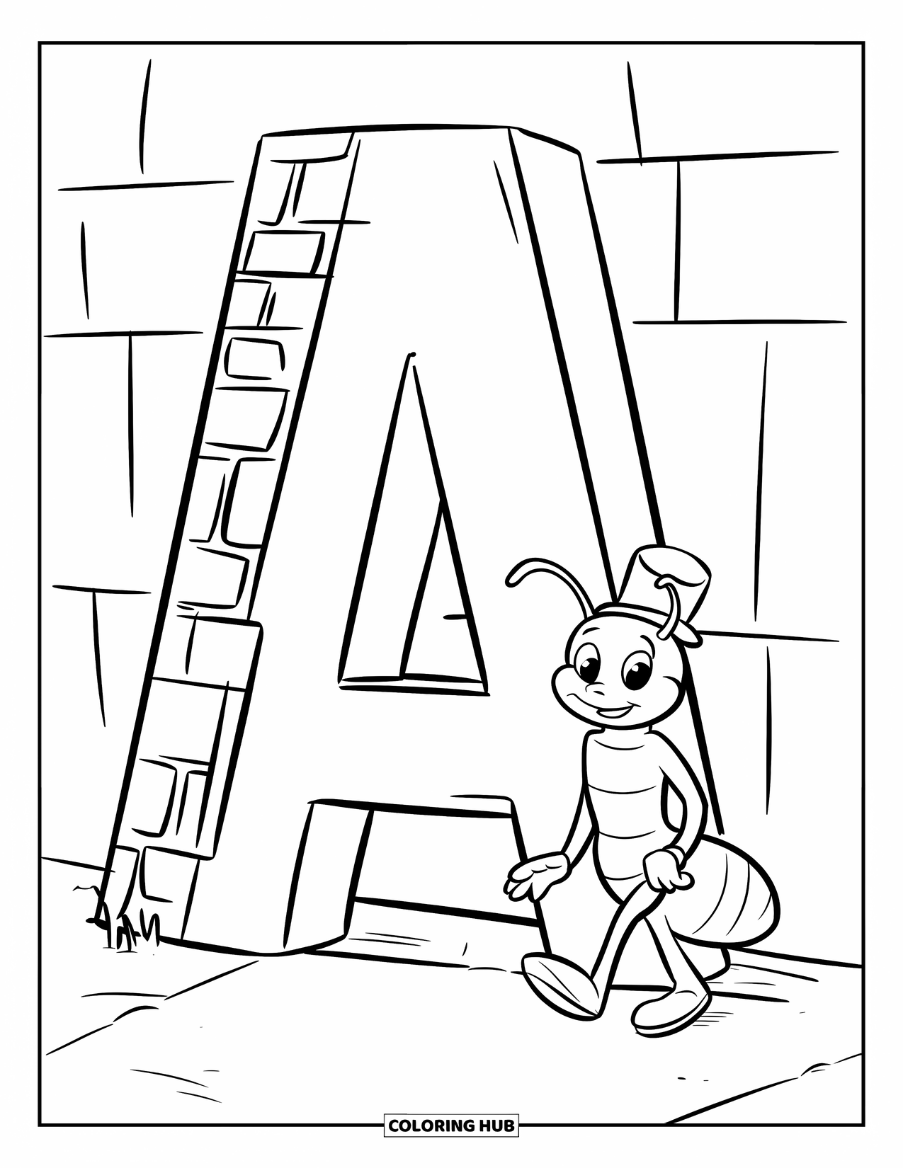 Coloriage Lettre A pour enfants : Un A construit en briques se dresse tandis qu'une petite fourmi avec un chapeau passe devant