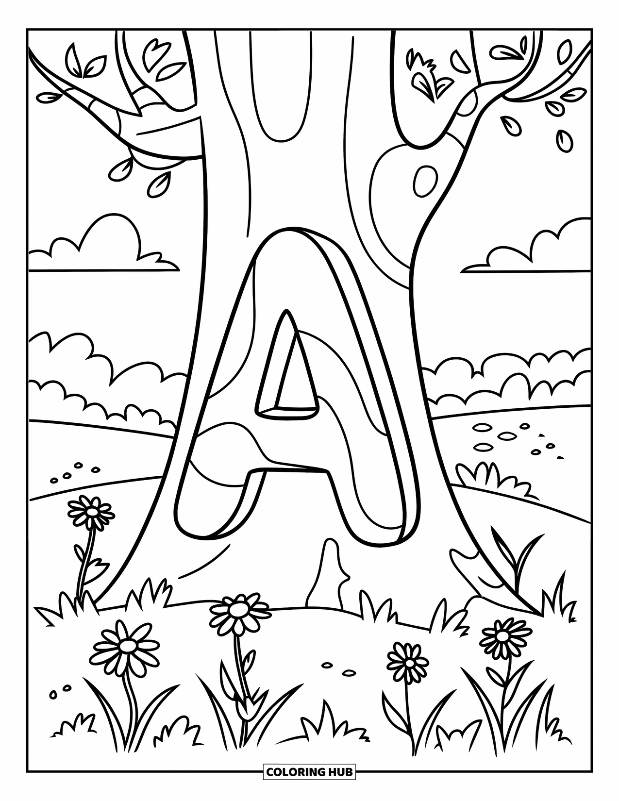 Coloriage Lettre A pour enfants : Un A sculpté dans un tronc d'arbre se dresse dans un champ avec des fleurs, des feuilles et des nuages au-dessus