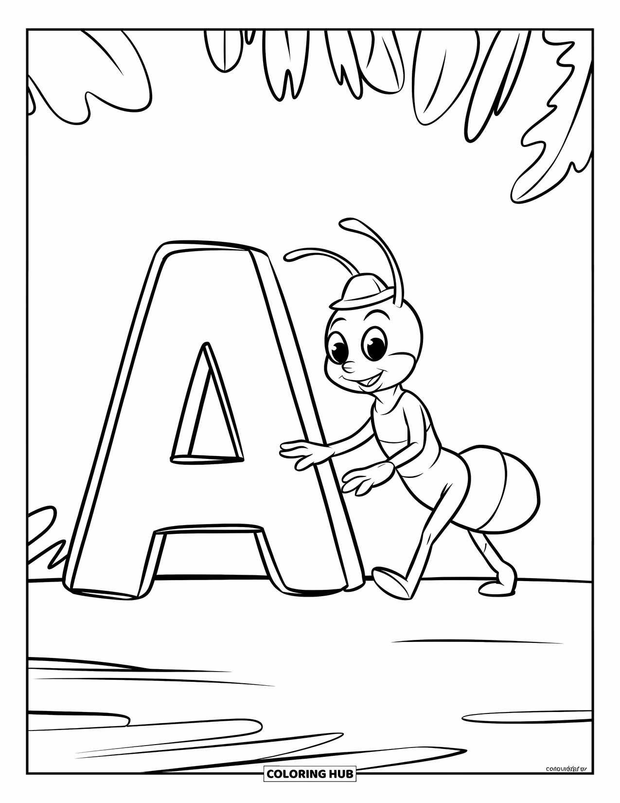 Coloriage Lettre A pour enfants : Une fourmi joyeuse avec un petit chapeau marche à côté d'un A sur un chemin lisse