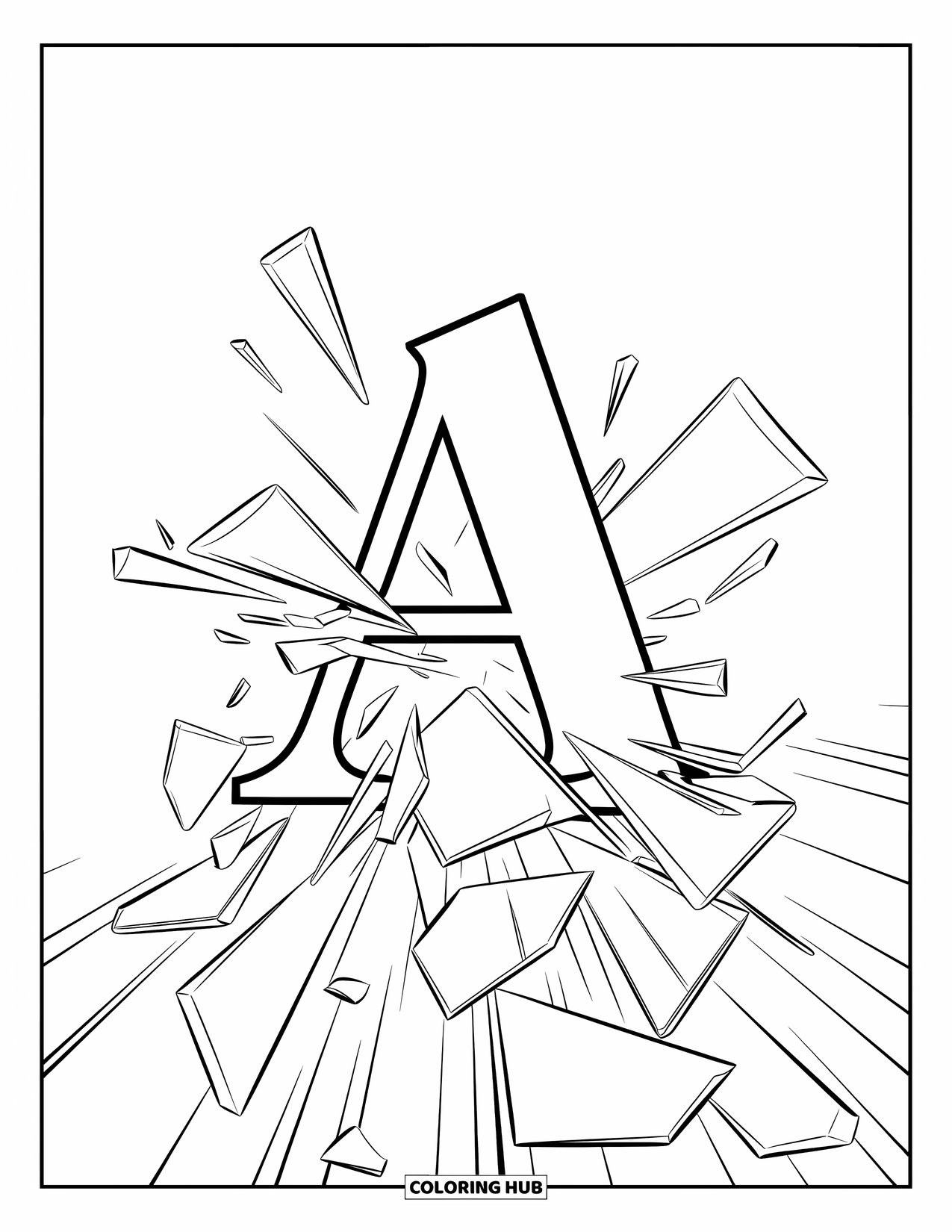 Coloriage Lettre A pour enfants : Un A explose à partir de morceaux de verre tranchants disposés dans un motif saisissant et dynamique