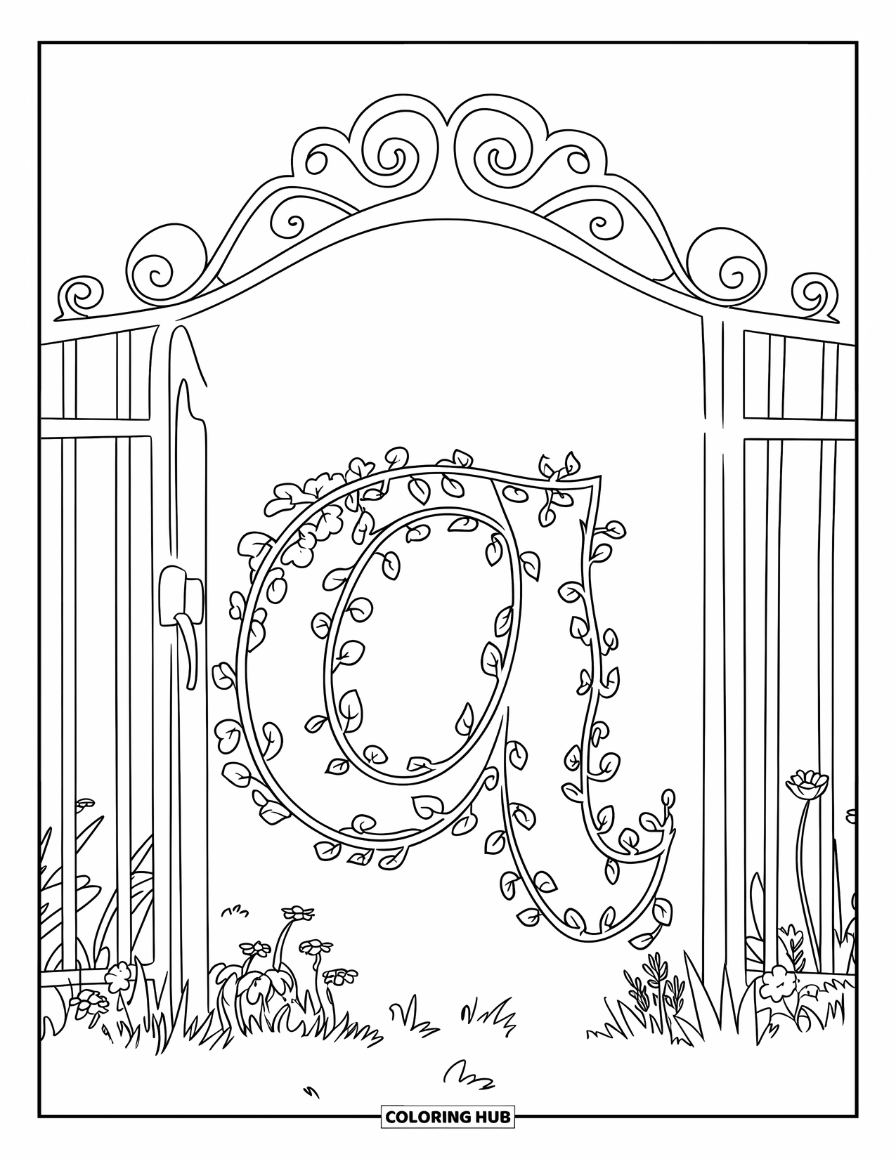 Coloriage Lettre A pour enfants : Un A pousse à partir de vignes torsadées enroulées à travers une porte de jardin avec une arche florale