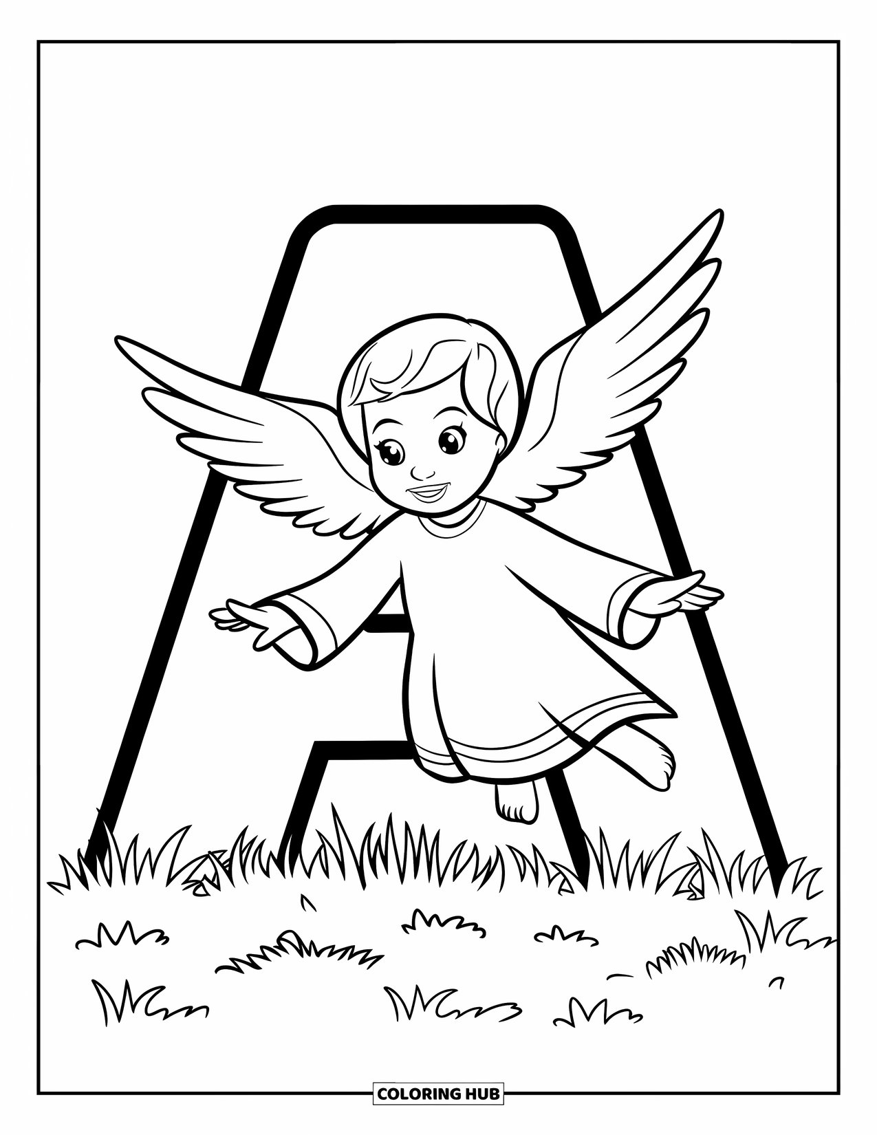 Coloriage Lettre A pour enfants : Un A a un ange planant au-dessus avec un sourire aimable et des ailes flottantes
