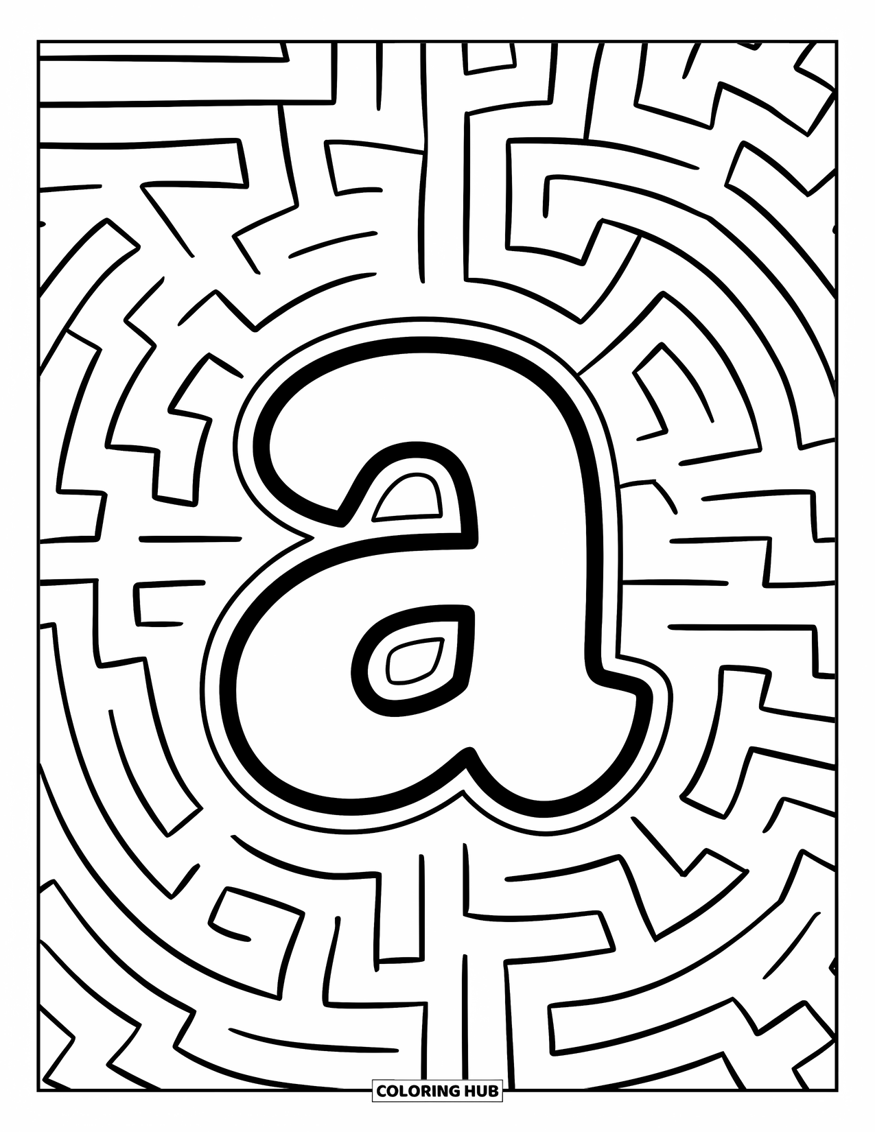 Coloriage Lettre A pour enfants : Un A se cache à l'intérieur d'un labyrinthe sinueux avec un chemin sinueux y menant