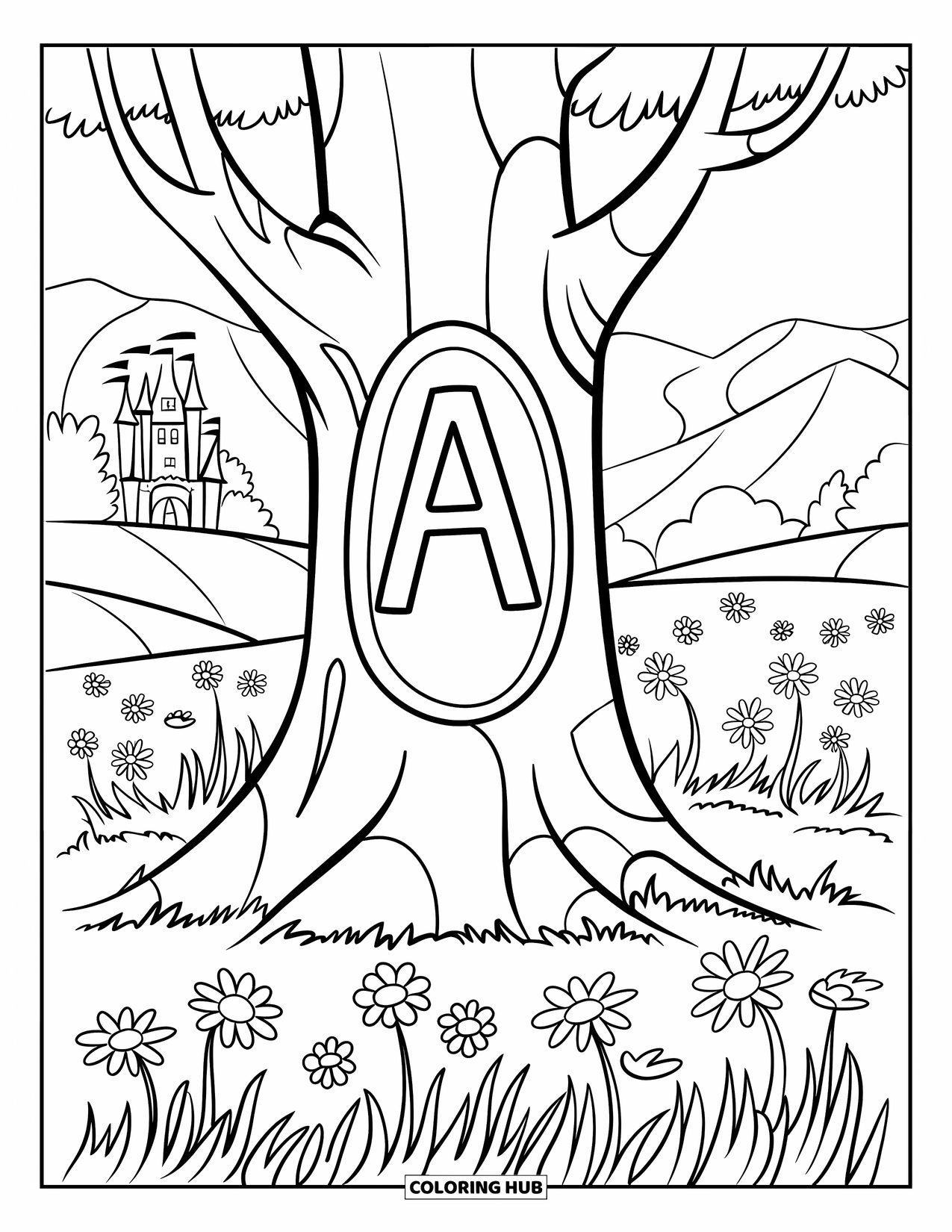 Coloriage Lettre A pour enfants : Un A est sculpté dans un tronc d'arbre dans une prairie remplie de fleurs et de montagnes lointaines