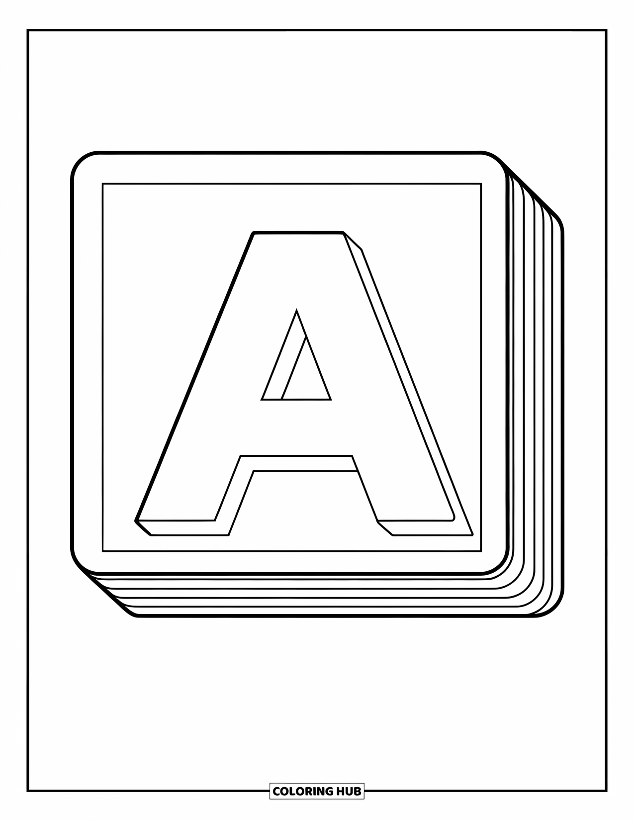 Coloriage Lettre A pour enfants : Un A est centré dans un bloc épais avec des coins doux et un style ludique