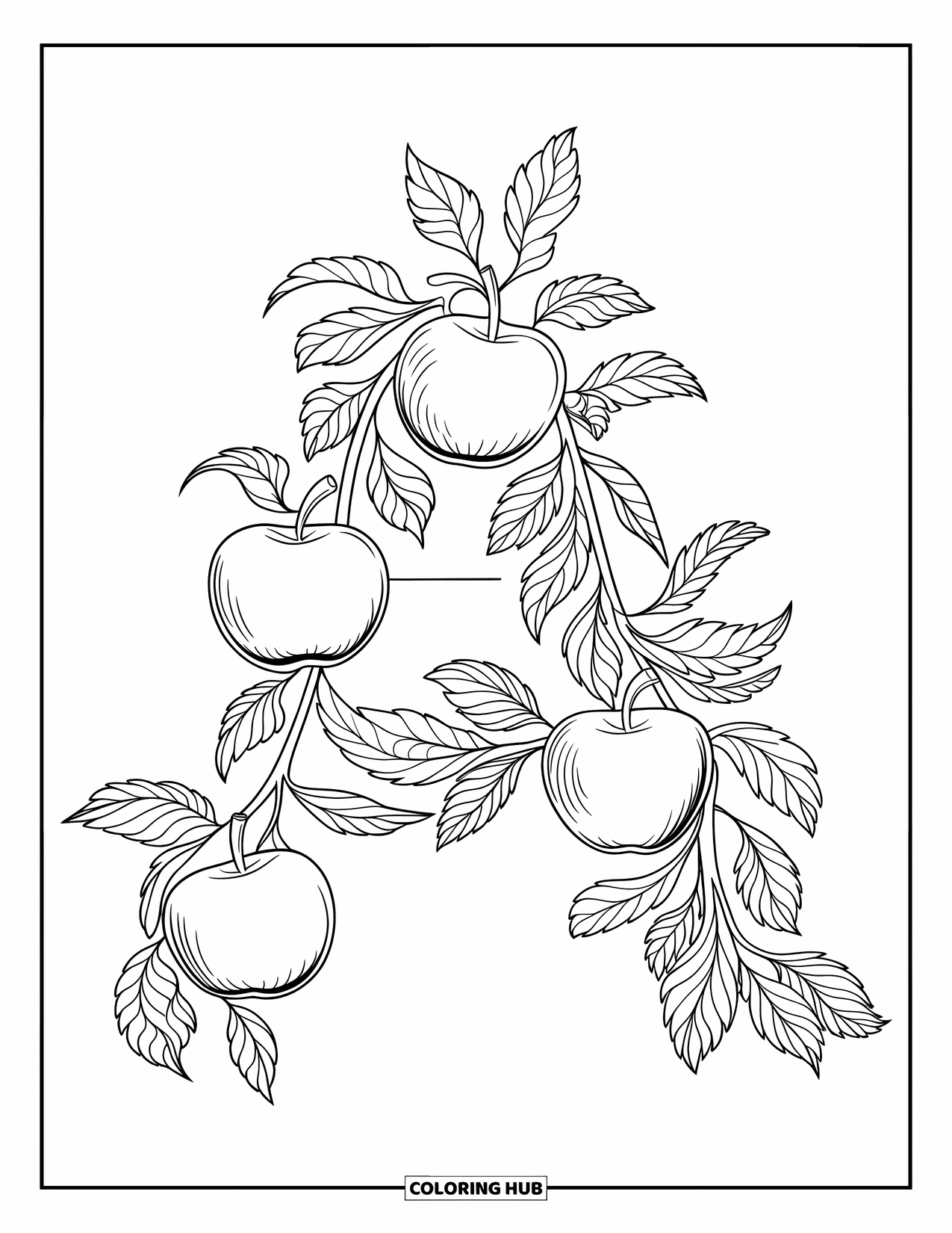 Coloriage Lettre A pour enfants : Un A fait de branches et de feuilles de pommier se dresse, frais et expressif