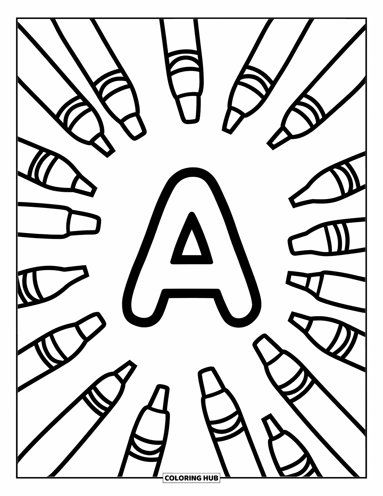 Coloriage Lettre A pour enfants : Un A repose au centre avec des outils d'art éparpillés autour de lui