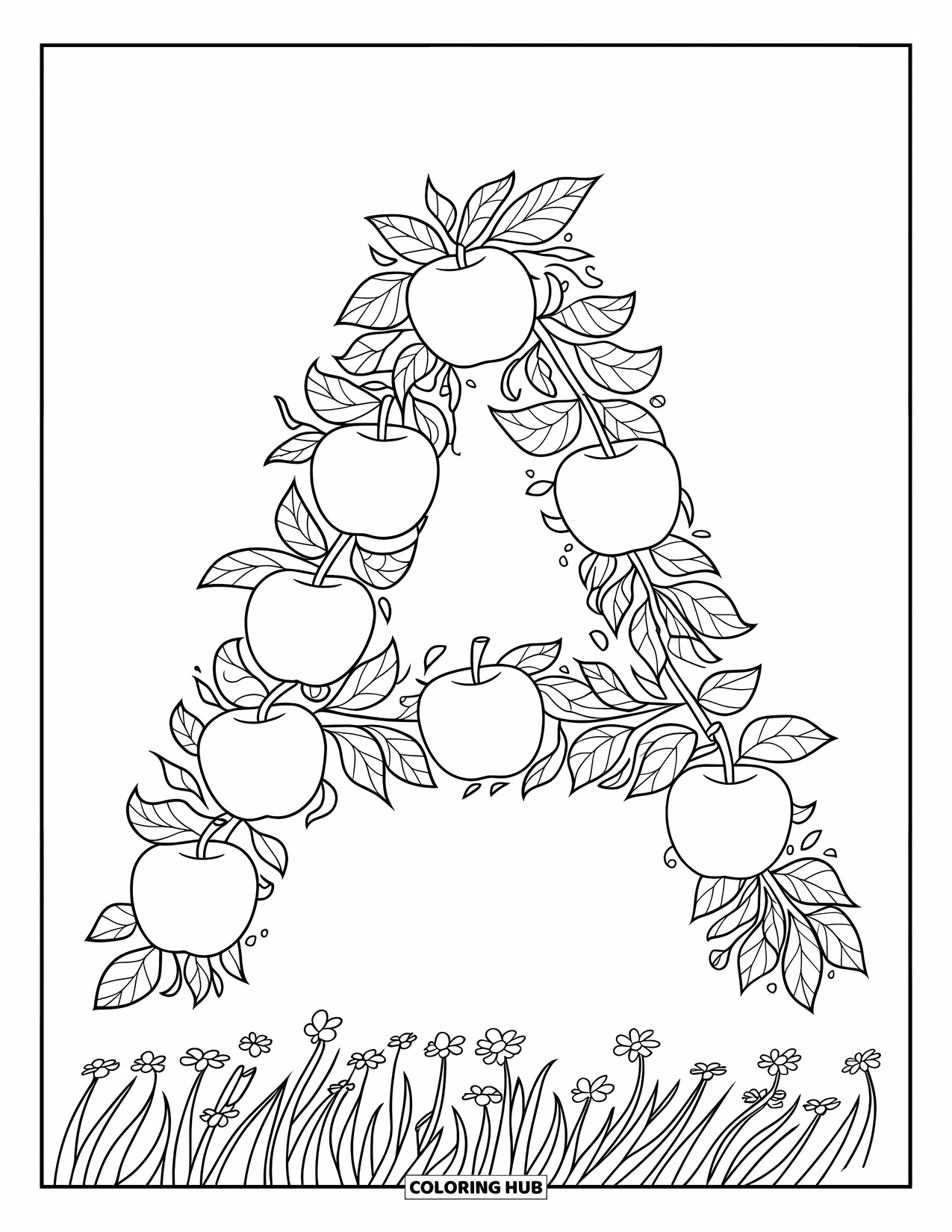 Coloriage Lettre A pour enfants : Un A formé de branches de pommier se dresse parmi les fleurs dans un champ paisible et ouvert