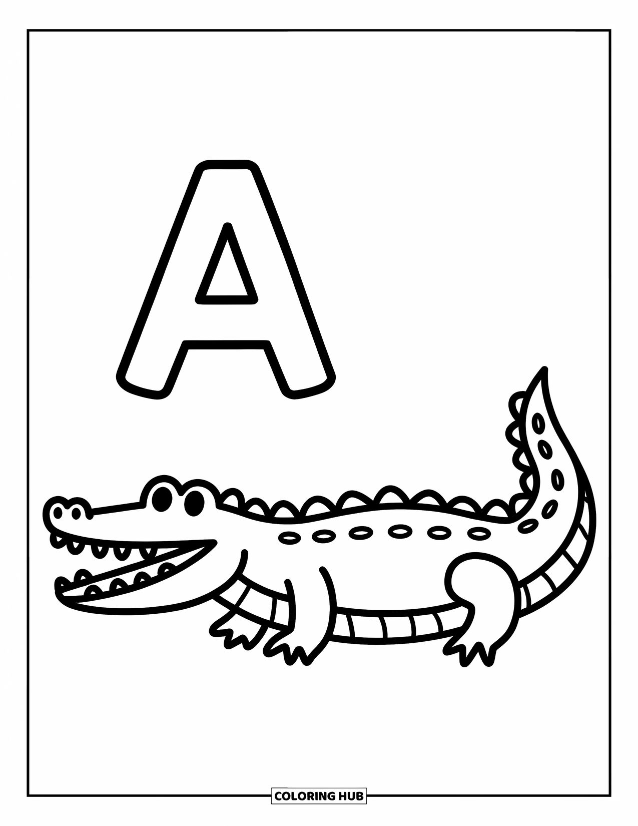 Coloriage Lettre A pour enfants : Un simple alligator est assis près d'un A, regardant vers le haut avec un sourire amical