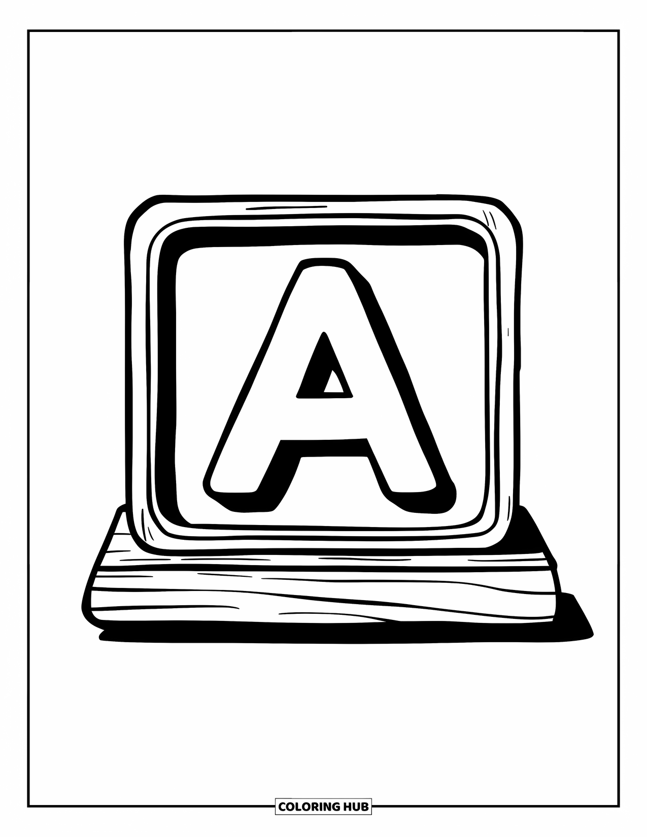 Coloriage Lettre A pour enfants : Un A est assis à l'intérieur d'un bloc alphabet épais reposant sur une base en bois