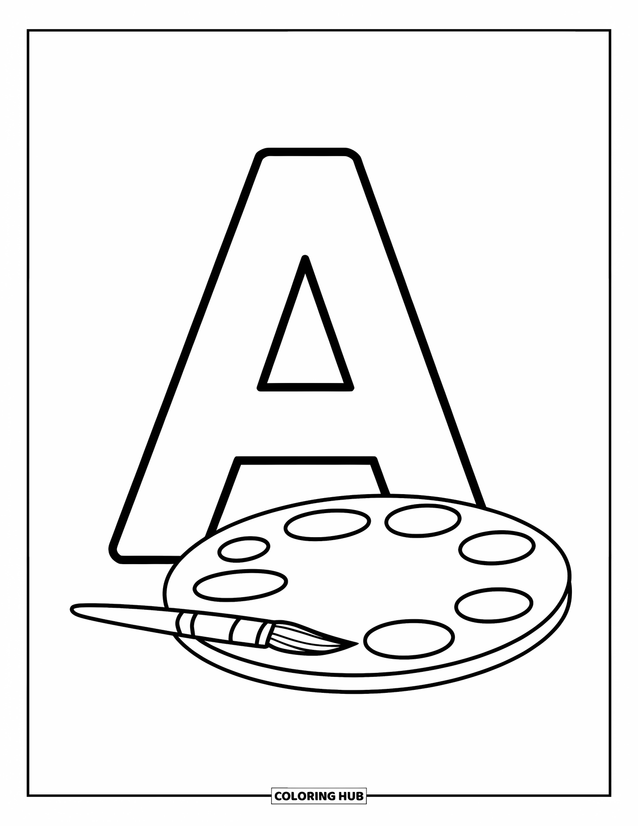 Coloriage Lettre A pour enfants : Un A est assis à côté d'un pinceau et d'une palette, prêt pour une séance d'art ludique