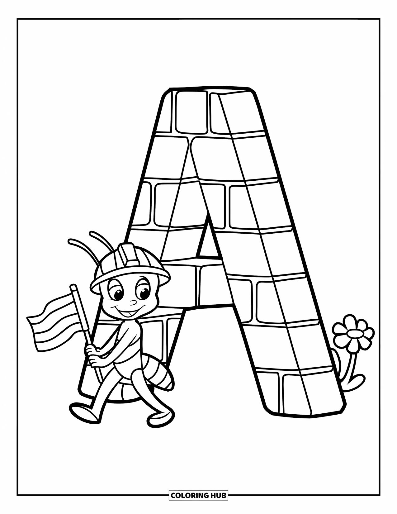 Coloriage Lettre A pour enfants : Une petite fourmi avec un casque agite un drapeau à côté d'un A à texture de brique