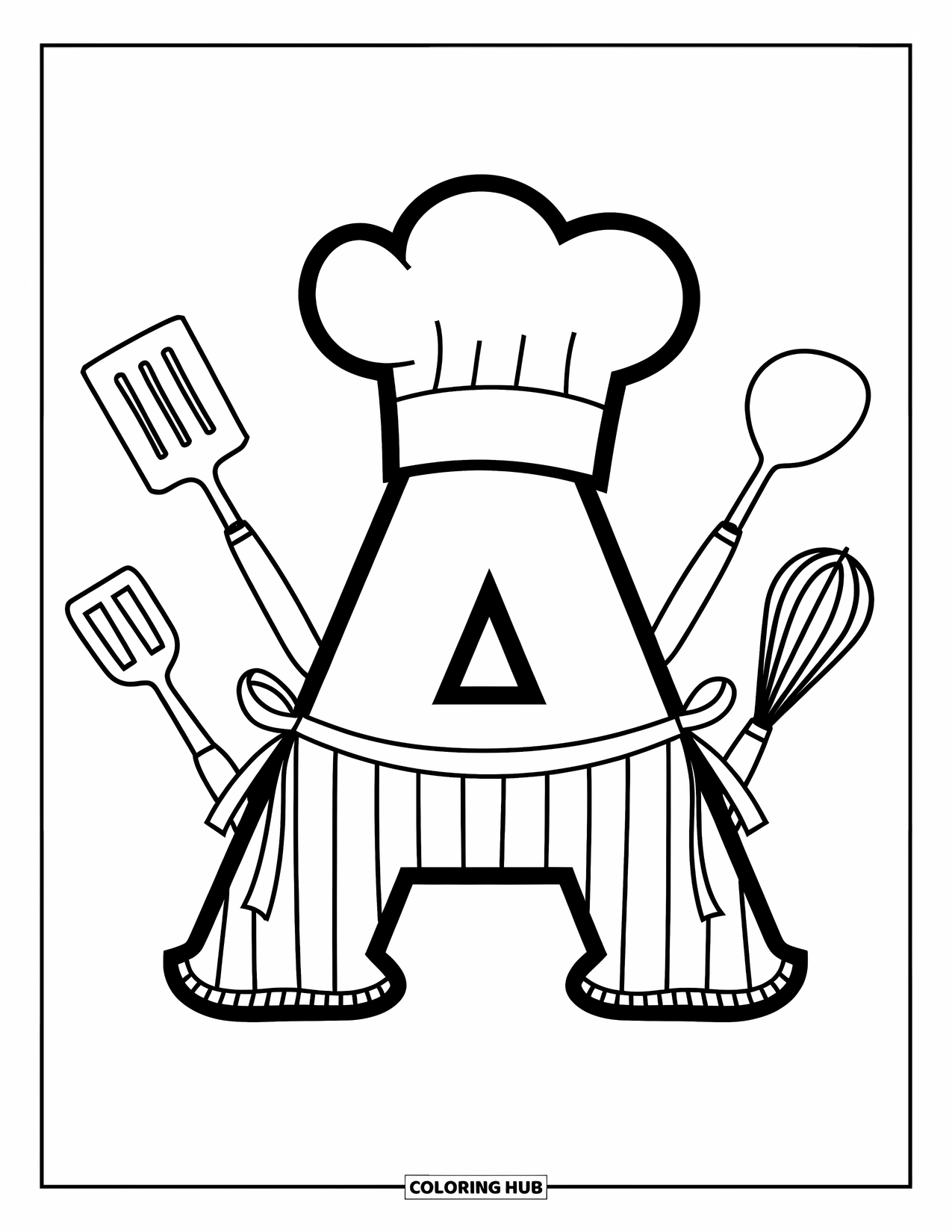 Coloriage Lettre A pour enfants : Un A se dresse fièrement dans un tablier, entouré d'amis fouet, spatule et louche