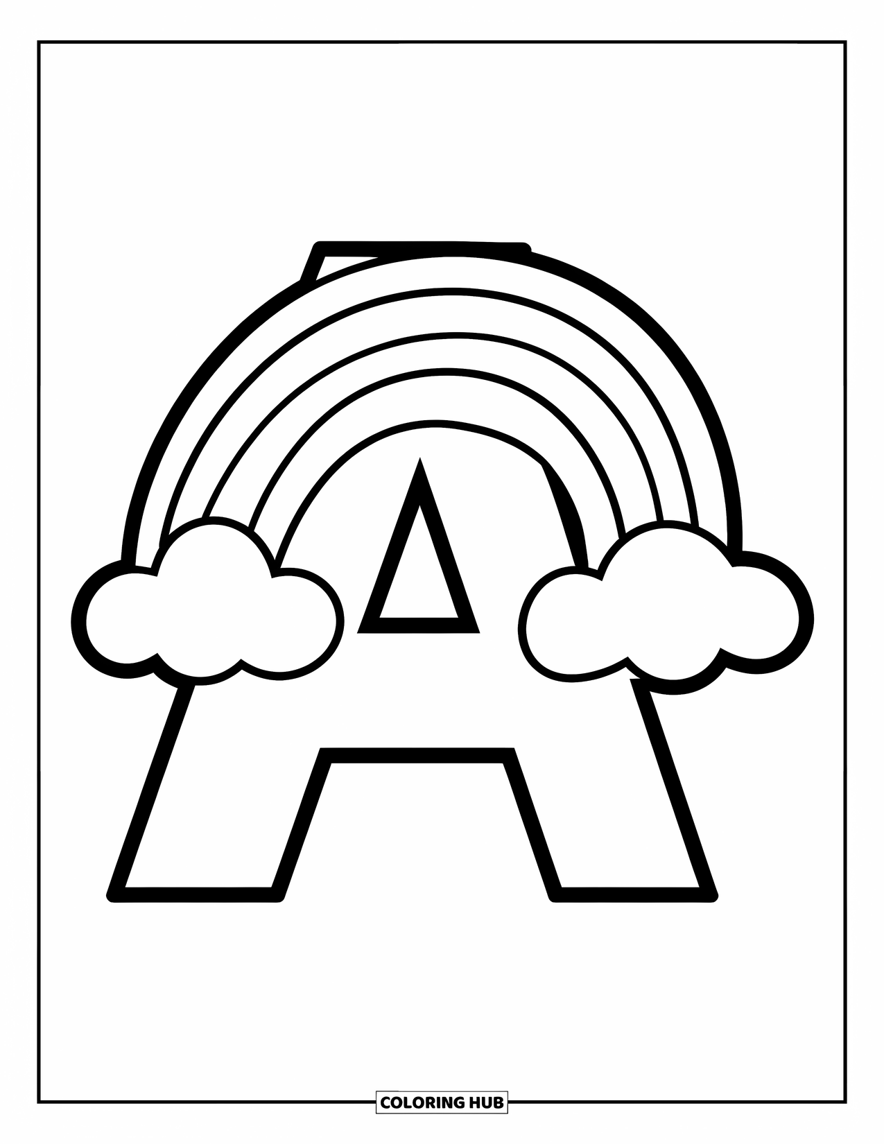 Coloriage Lettre A pour enfants : Un A se dresse sous une arche d'arc-en-ciel ondulée
