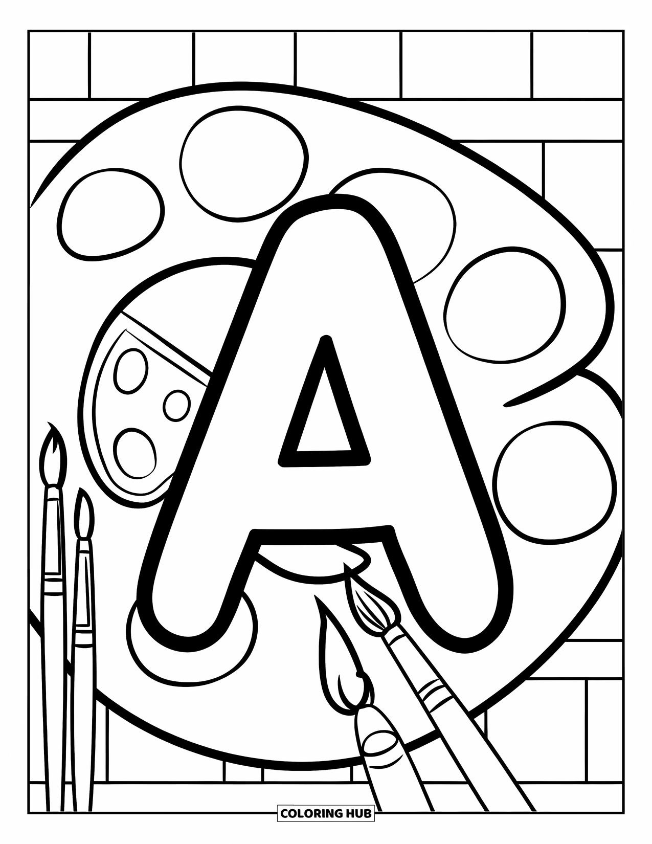 Coloriage Lettre A pour enfants : Un A se dresse près d'une palette et de trois pinceaux dans une installation artistique joyeuse