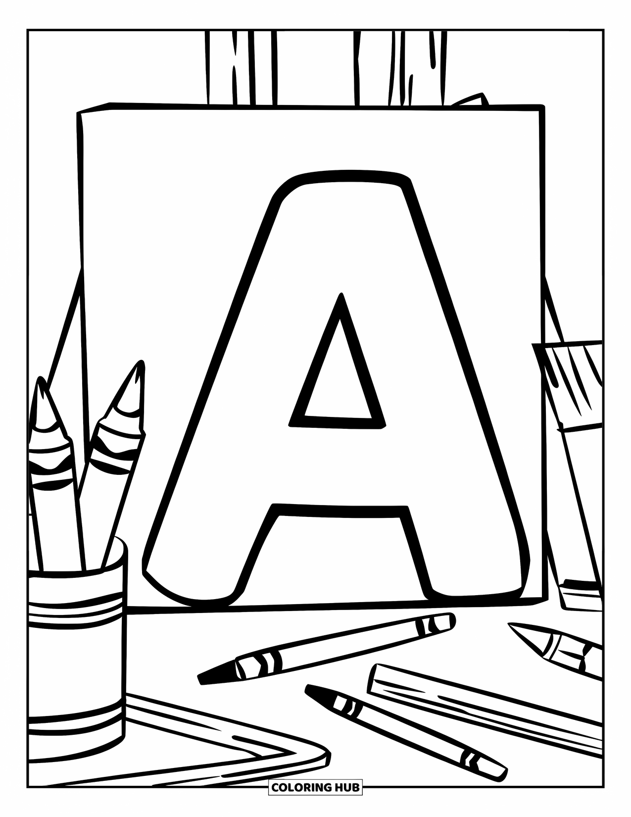 Coloriage Lettre A pour enfants : Un A se dresse avec des pinceaux et des crayons à proximité, prêt pour la créativité