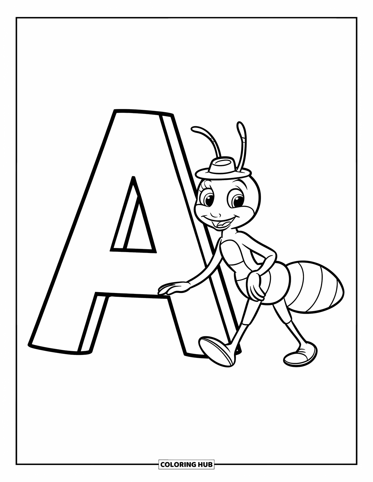 Coloriage Lettre A pour enfants : Une fourmi à petit chapeau se promène à côté d'un A heureux