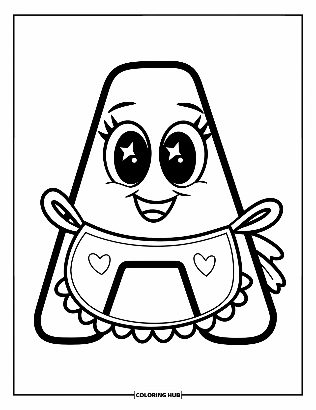 Coloriage Lettre A pour enfants : Un A porte un joli tablier avec des cœurs, souriant doucement avec de grands yeux de dessin animé