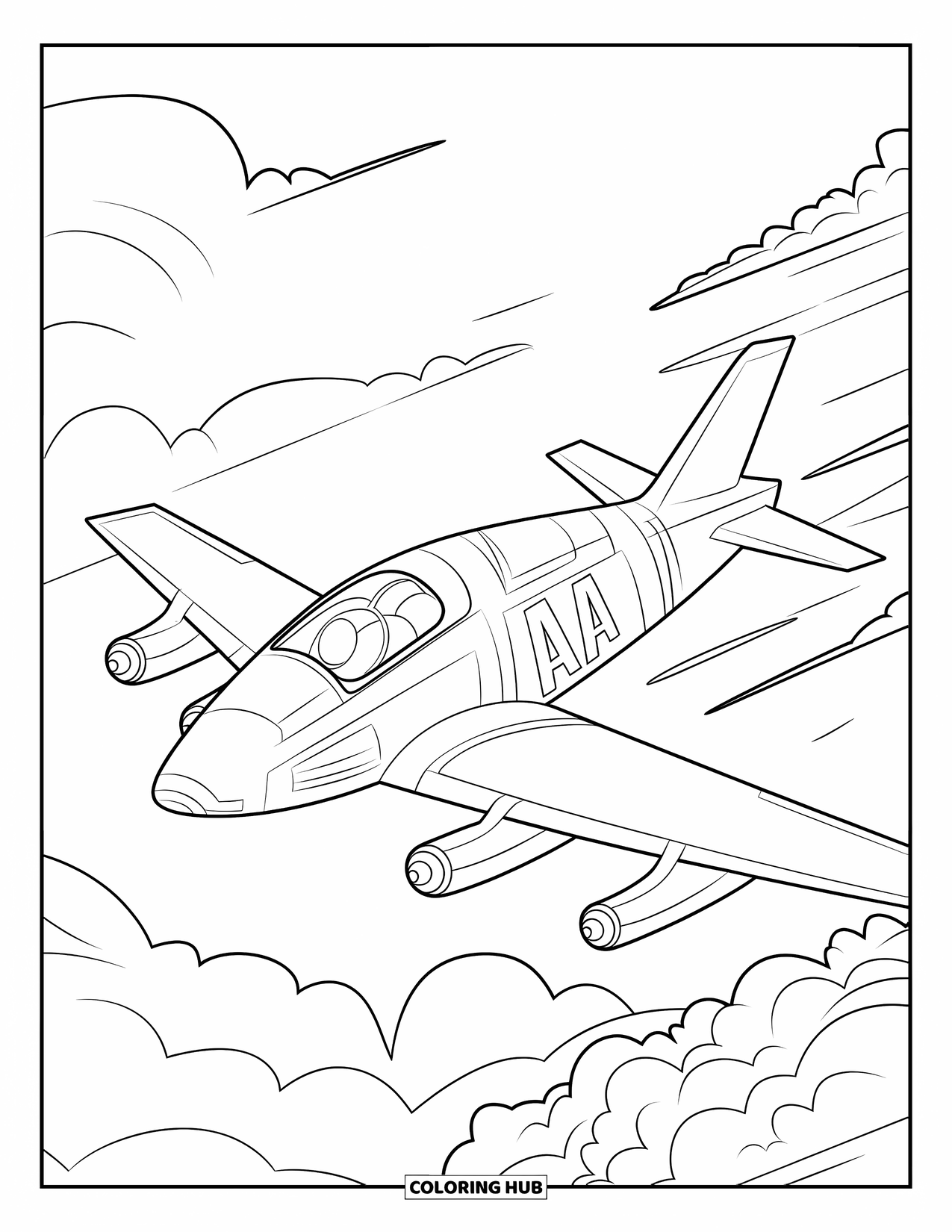 Coloriage Lettre A pour enfants : Un avion marqué d'un A file à travers des nuages duveteux et un ciel ouvert