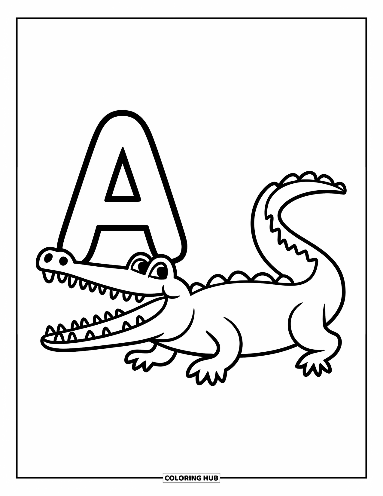 Coloriage Lettre A pour enfants : Un alligator avec un large sourire se prélasse sous un A arrondi