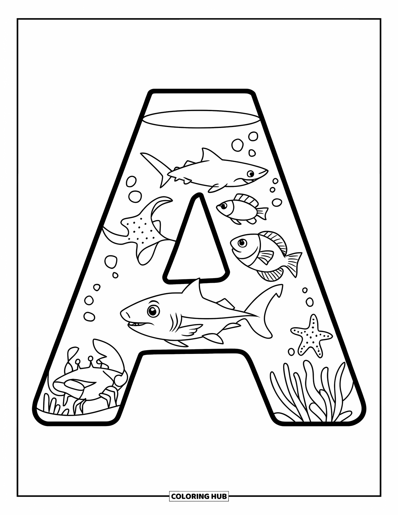 Coloriage Lettre A pour enfants : Un aquarium en forme de A contient un requin, un poisson, un crabe et une étoile de mer