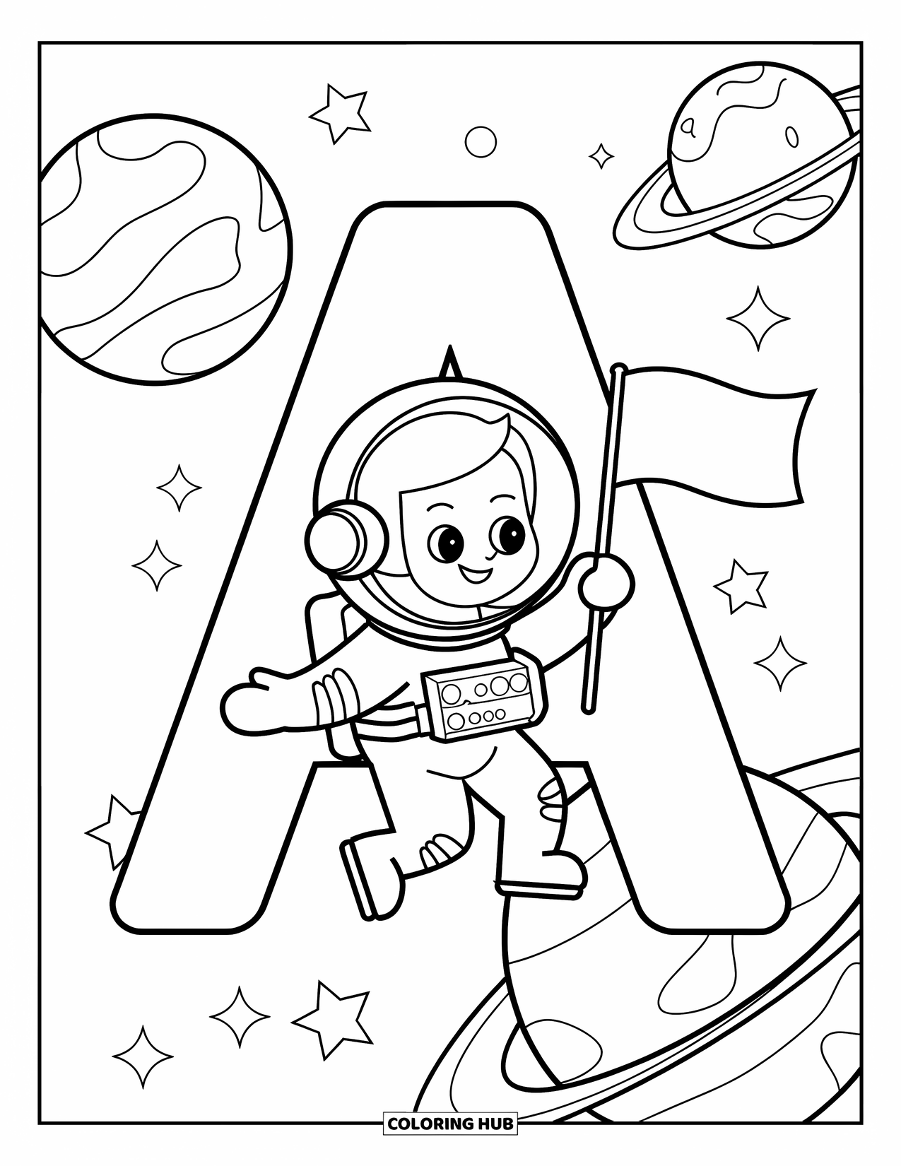 Coloriage Lettre A pour enfants : Un astronaute flotte près d'un grand A avec des étoiles et des planètes tout autour