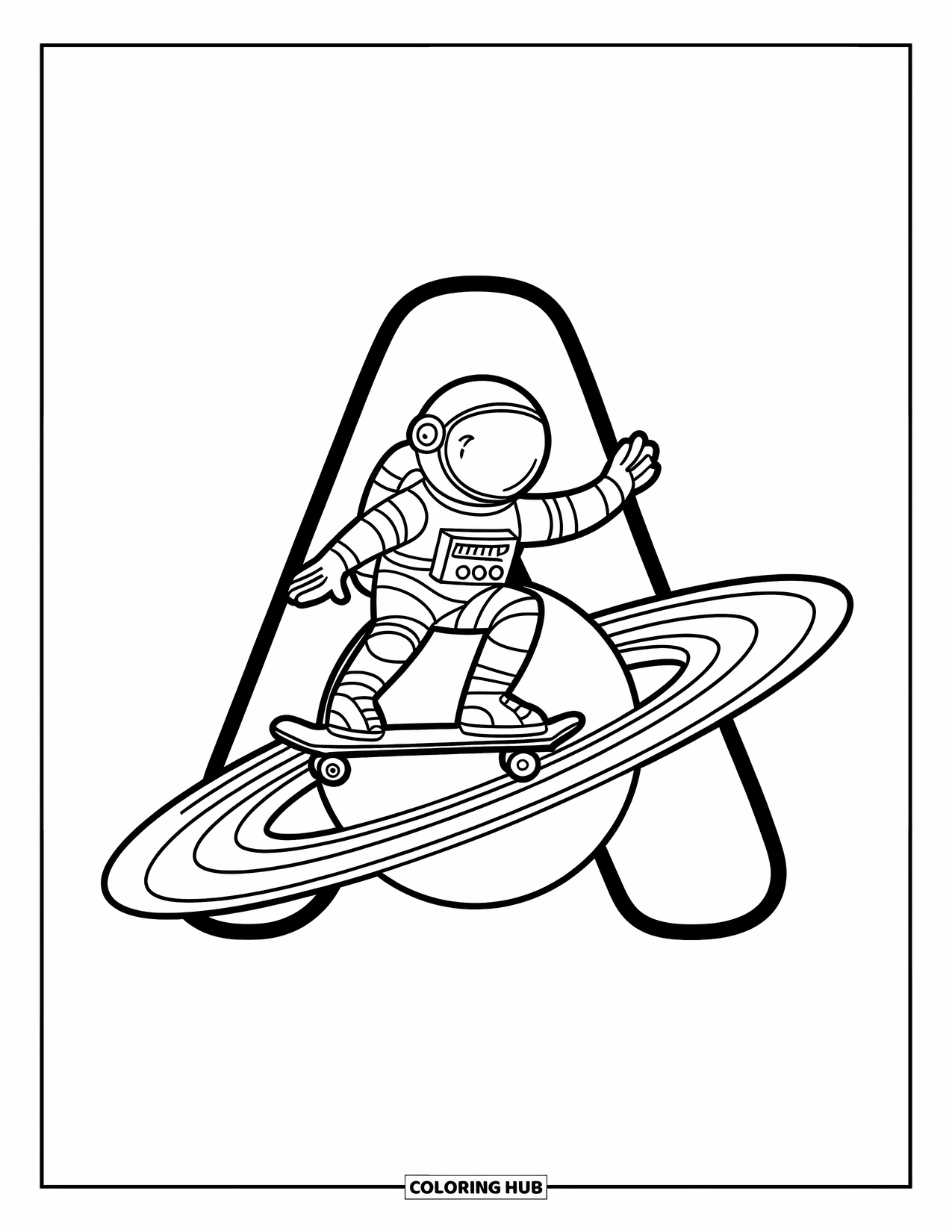 Coloriage Lettre A pour enfants : Un astronaute les mains levées chevauche un anneau planétaire à l'intérieur d'une grande lettre A