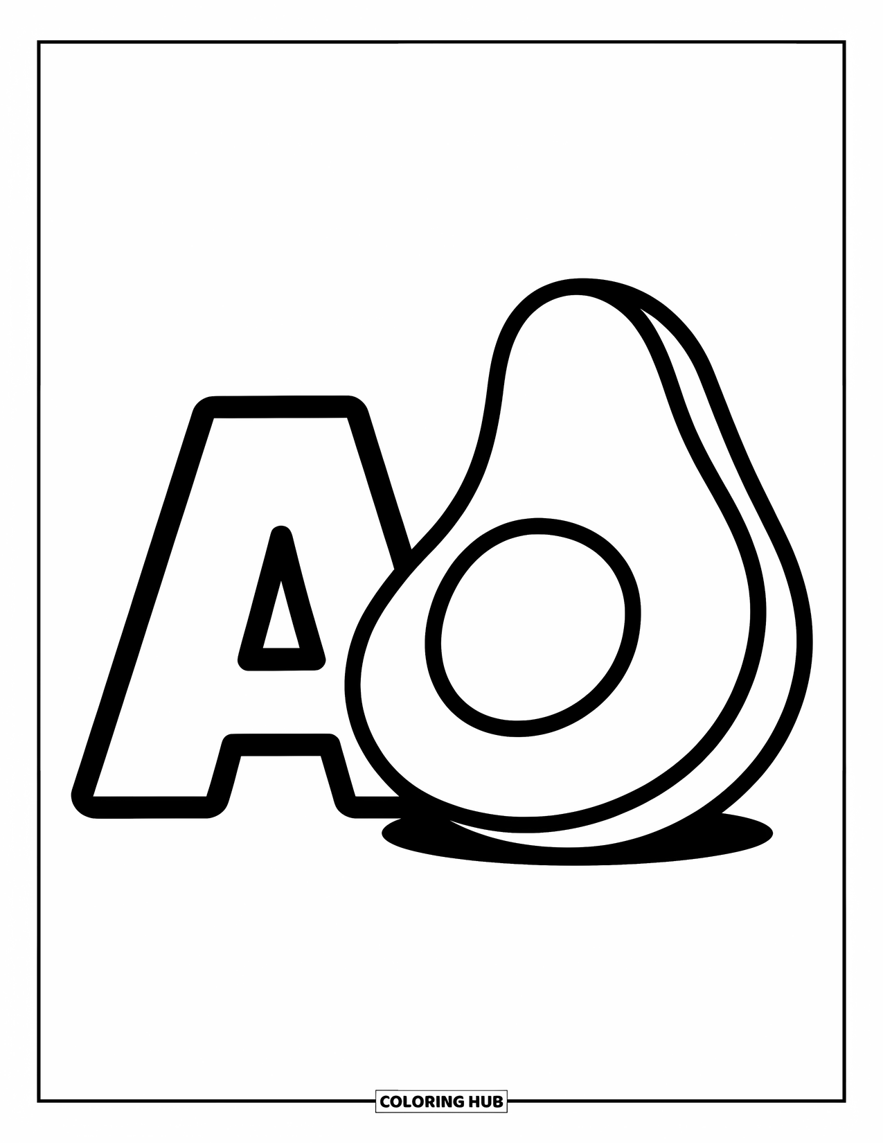 Coloriage Lettre A pour enfants : Un avocat et un A sont assis joyeusement ensemble avec une ambiance légère et amicale