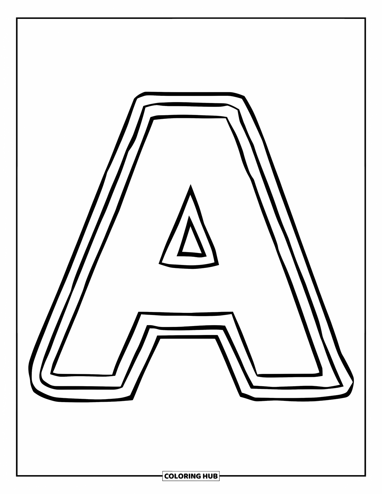 Coloriage Lettre A pour enfants : Un grand A repose à l'intérieur d'un bloc joyeux conçu pour les tout-petits